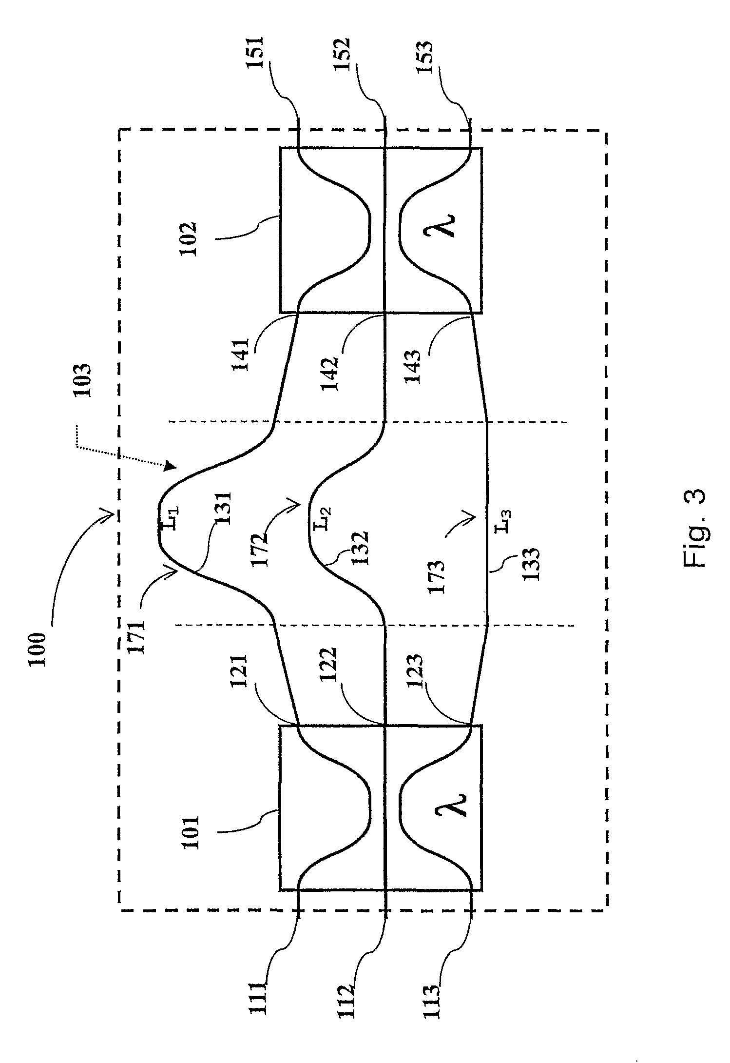 Optical band splitter/combiner device comprising a three-arms interferometer