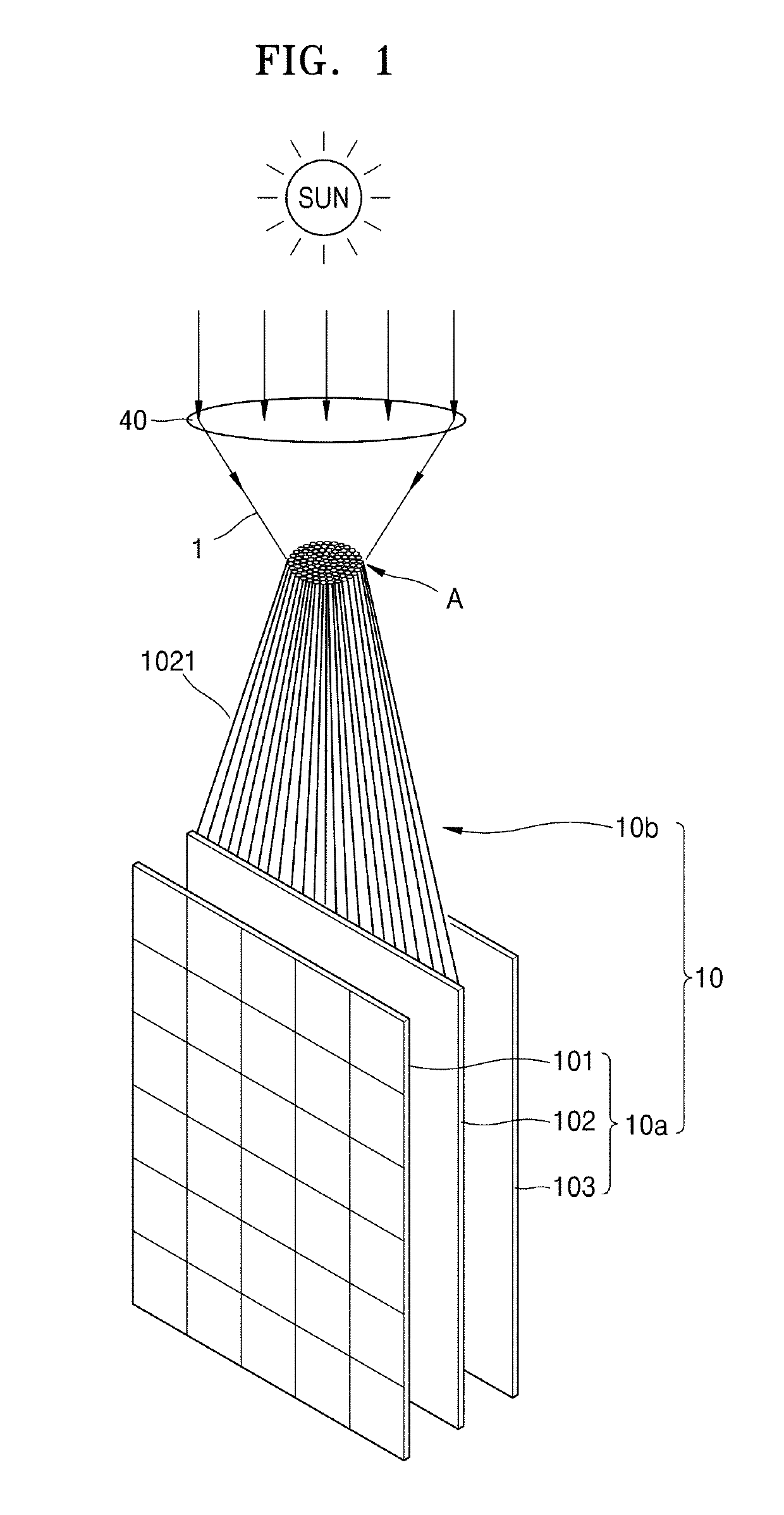 Solar power generation unit using optical fibers and power generation system implementing the unit