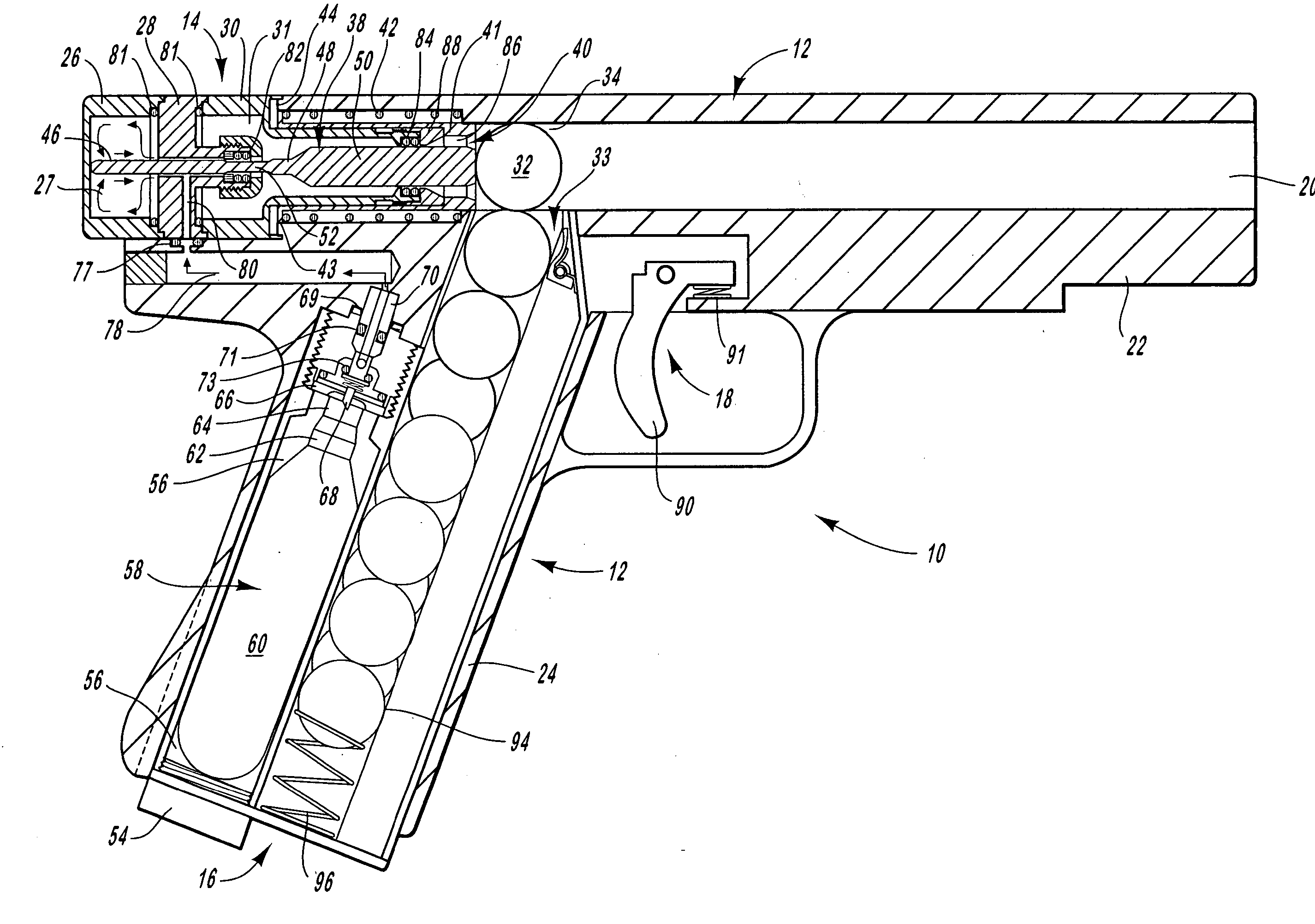 Semi-automatic-firing, compressed-gas gun