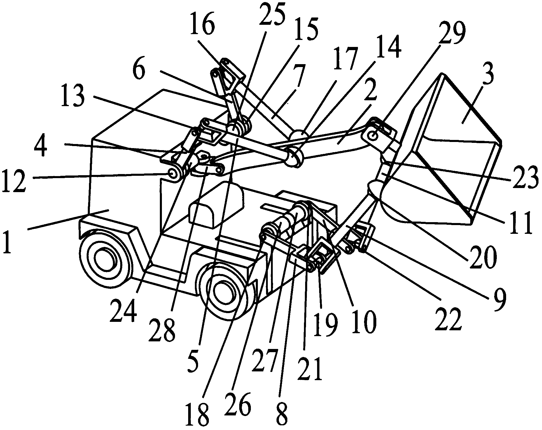 Space controllable mechanism loader with two-dimensional rotating movable arm and two-dimensional rotating bucket