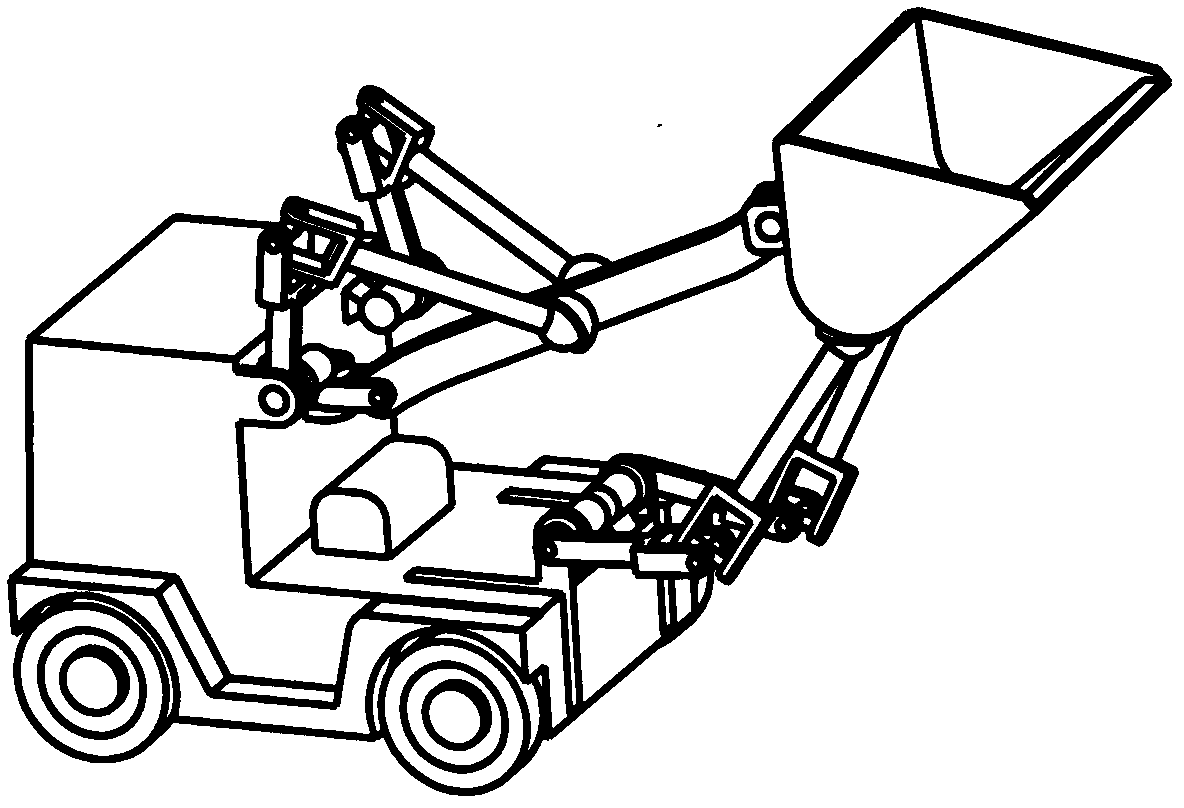 Space controllable mechanism loader with two-dimensional rotating movable arm and two-dimensional rotating bucket