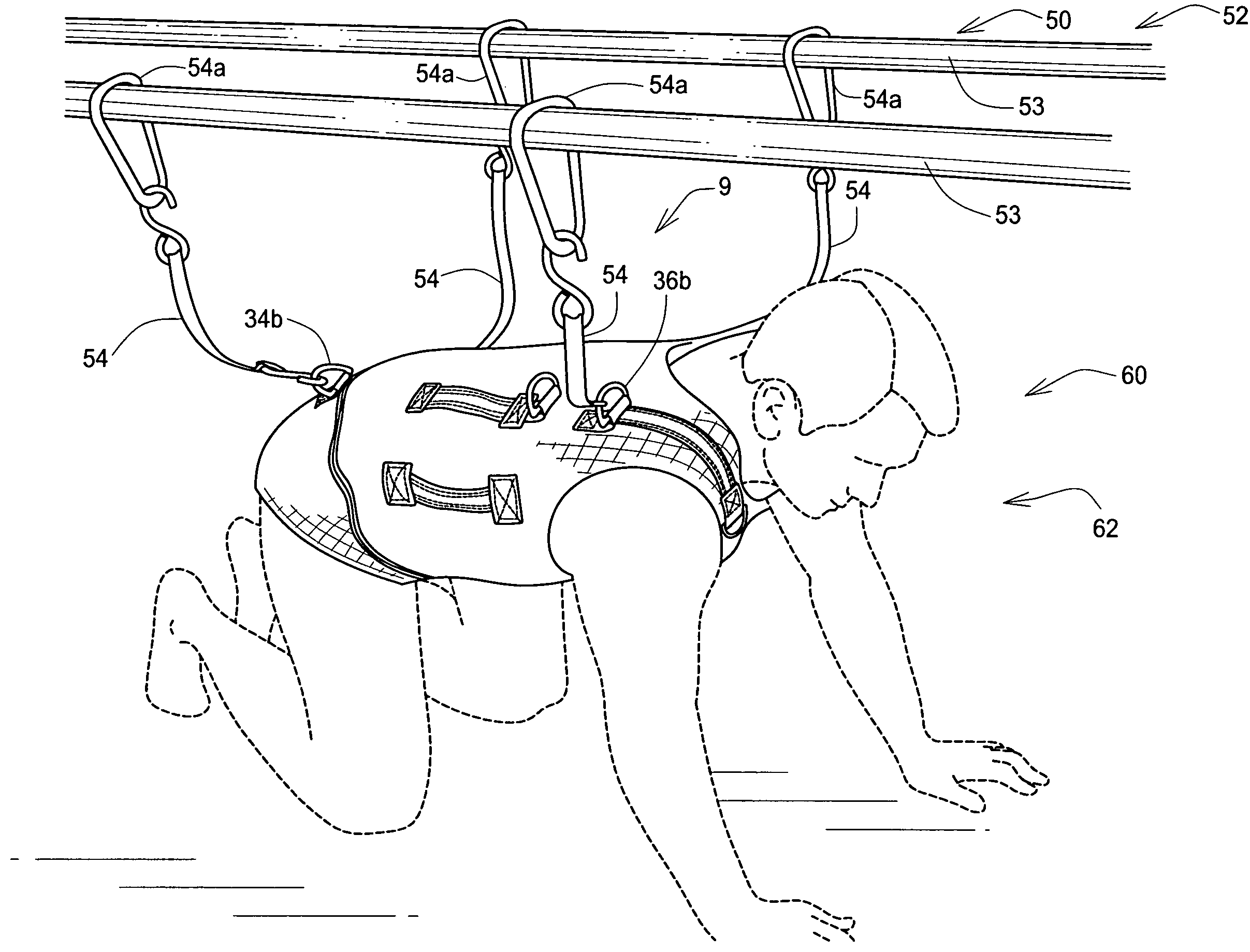 Unweighting assembly and support harness for unweighting a patient during rehabilitation