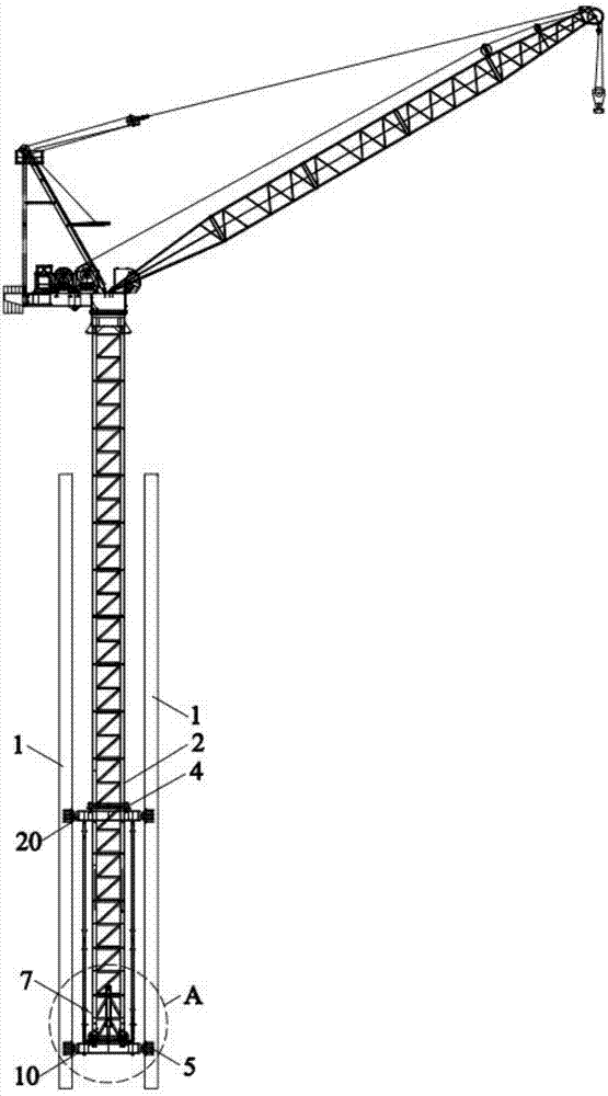 Moving arm tower crane climbing beam supporting system and using method thereof