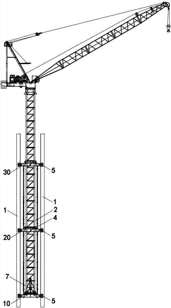 Moving arm tower crane climbing beam supporting system and using method thereof