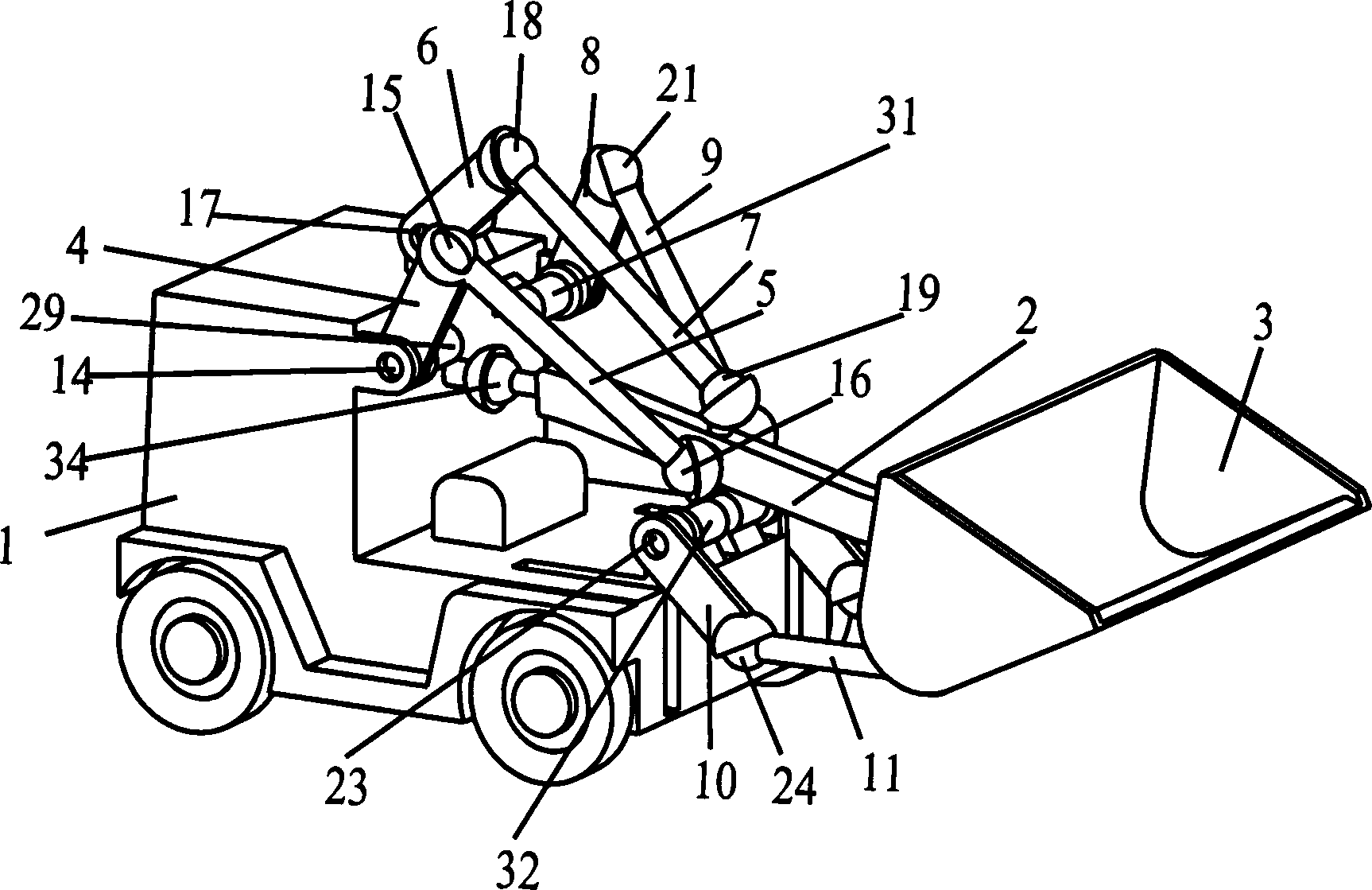 Space controllable mechanism-type loader with three-dimensional rotational moving arm and two-dimensional rotational bucket