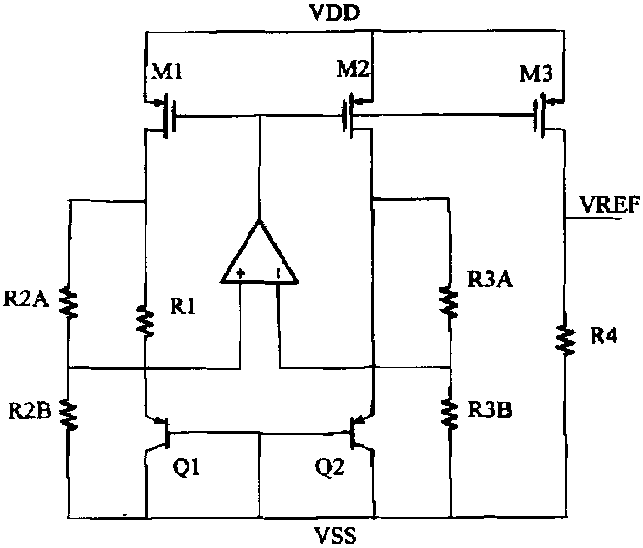 Low-voltage low-power band gap reference voltage source implemented by MOS device