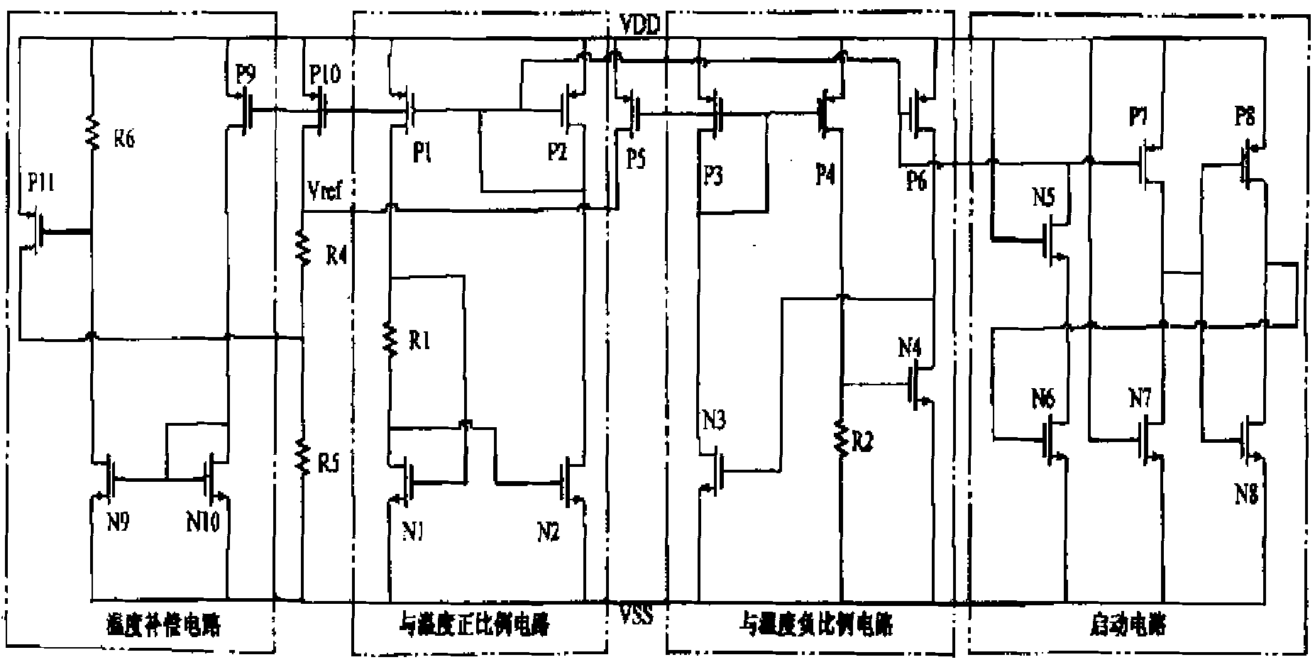 Low-voltage low-power band gap reference voltage source implemented by MOS device
