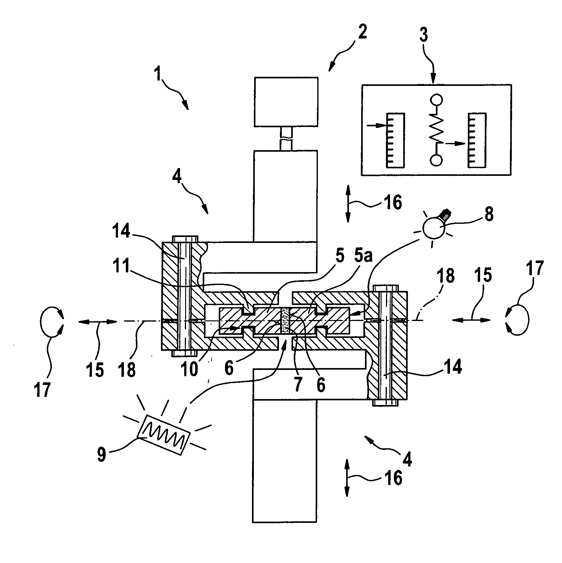 Device for testing material properties with regard to combined tensile and shear loads, in particular for testing adhesives