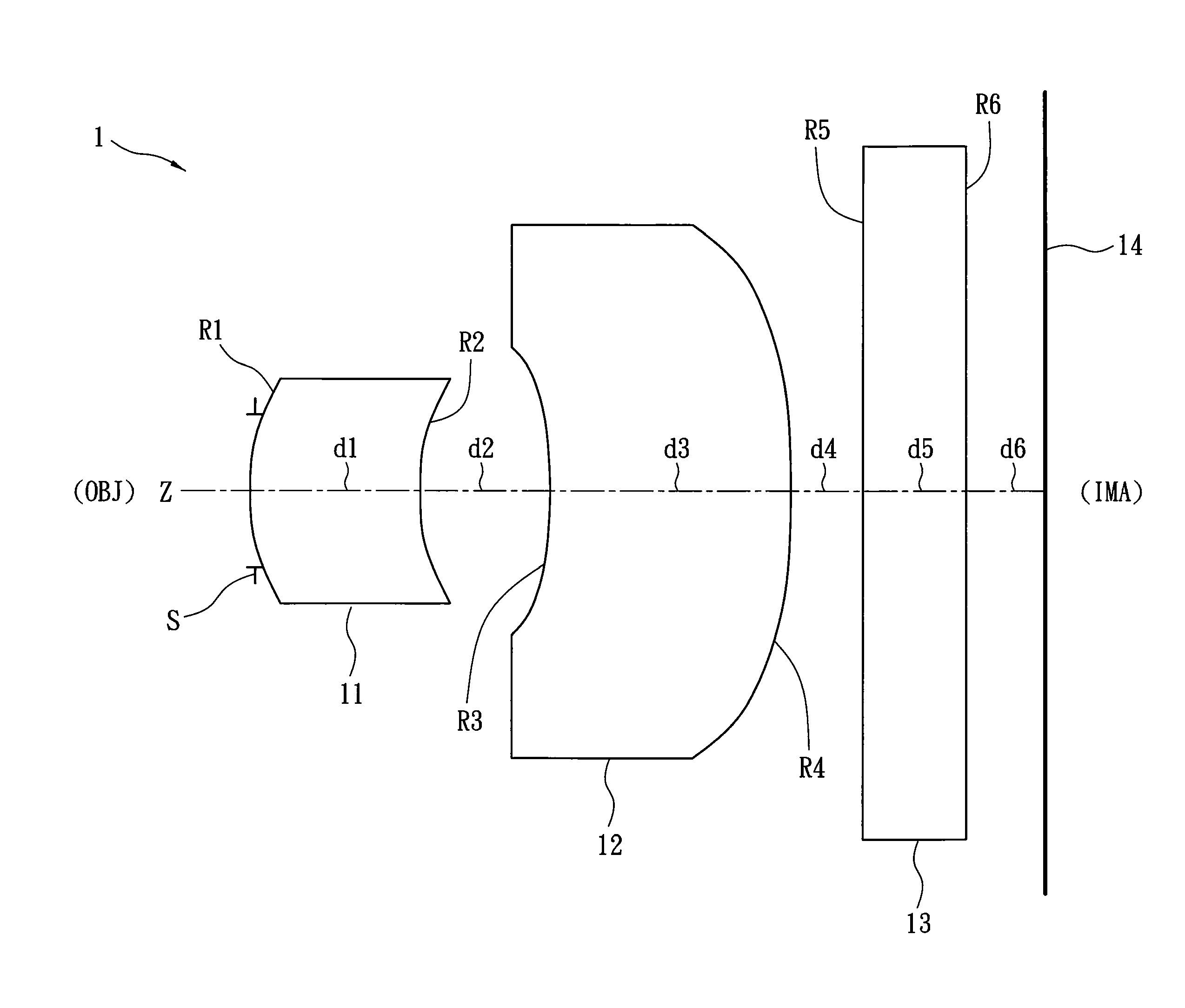 Compact short back focus imaging lens system with two lenses