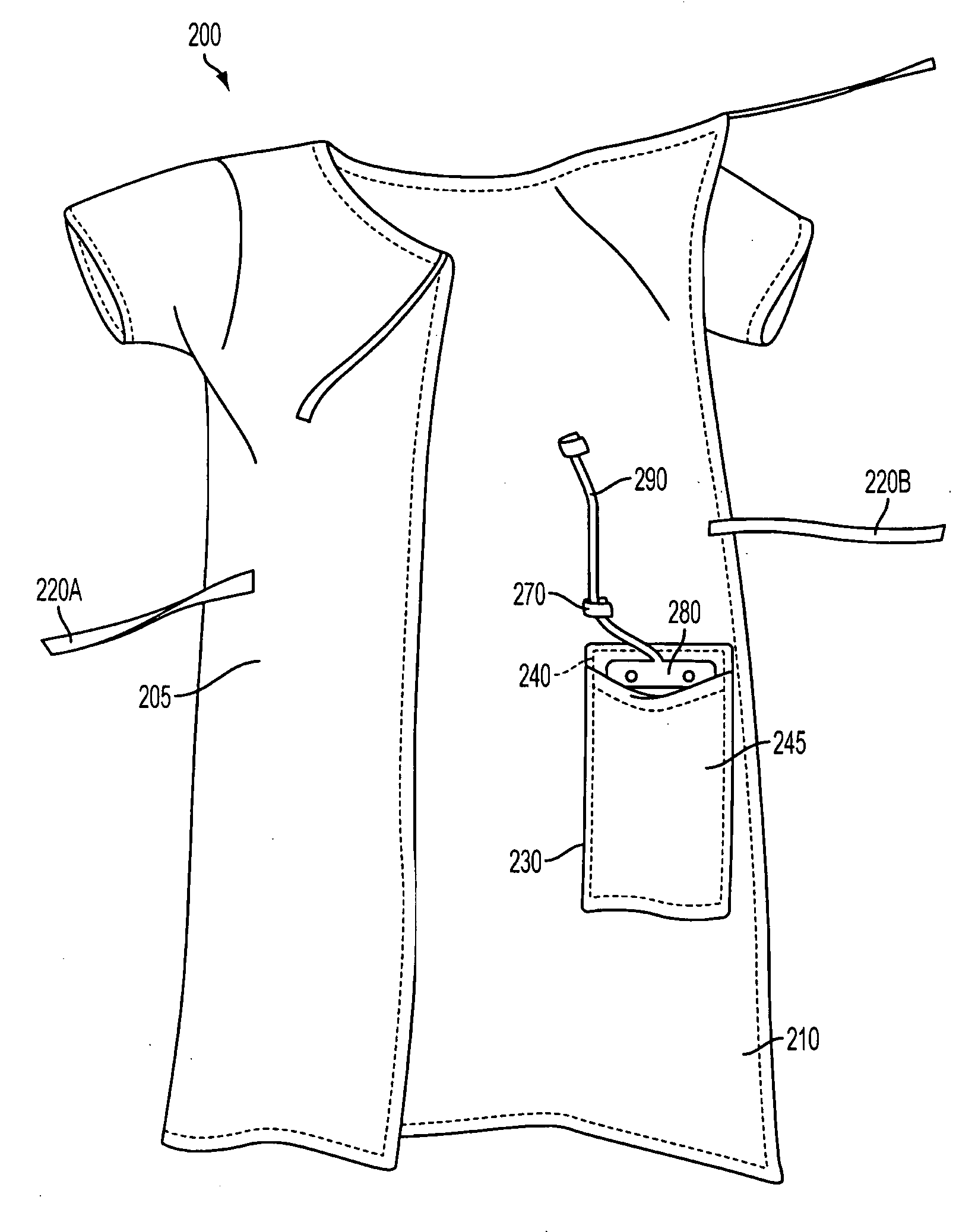 Attachable, constraint-free external drainage device support structure for use with standard hospital garments and patients' own clothing