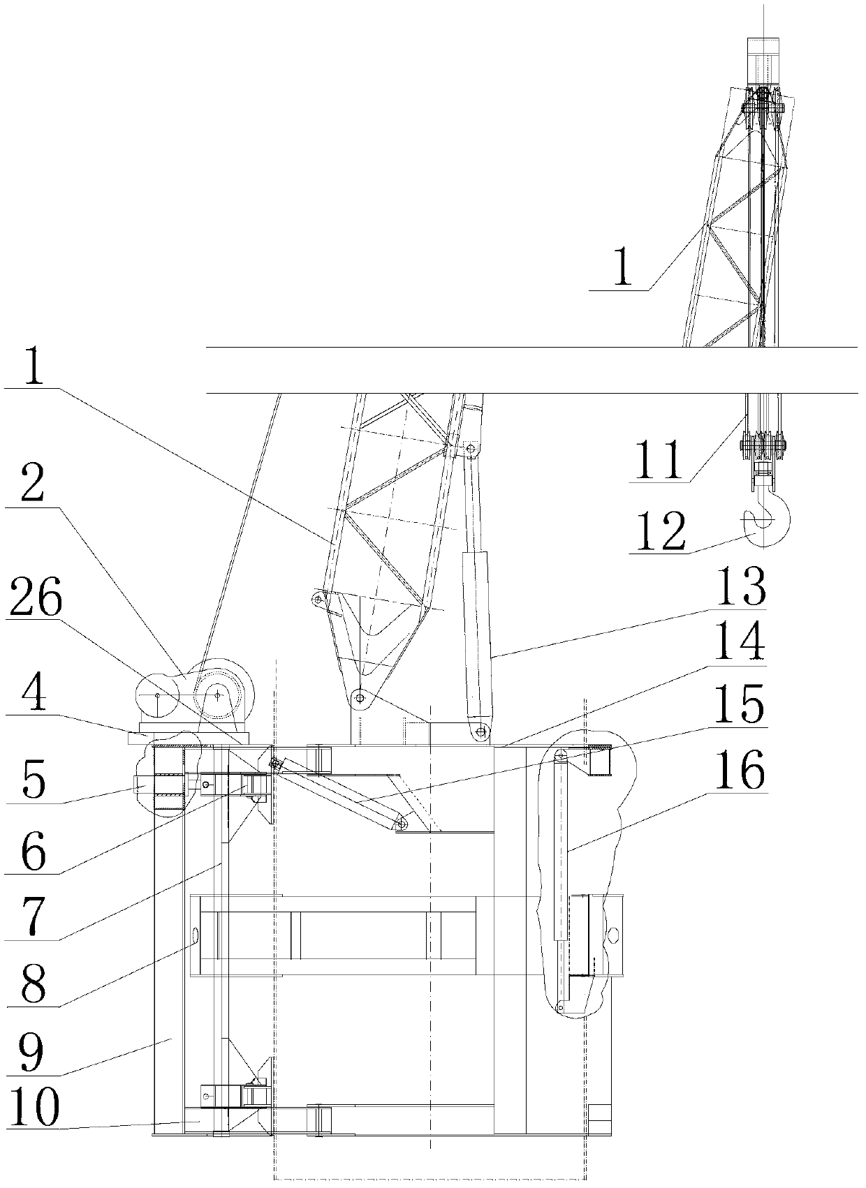 Adhering self-elevating-type tower crane for hoisting wind power equipment