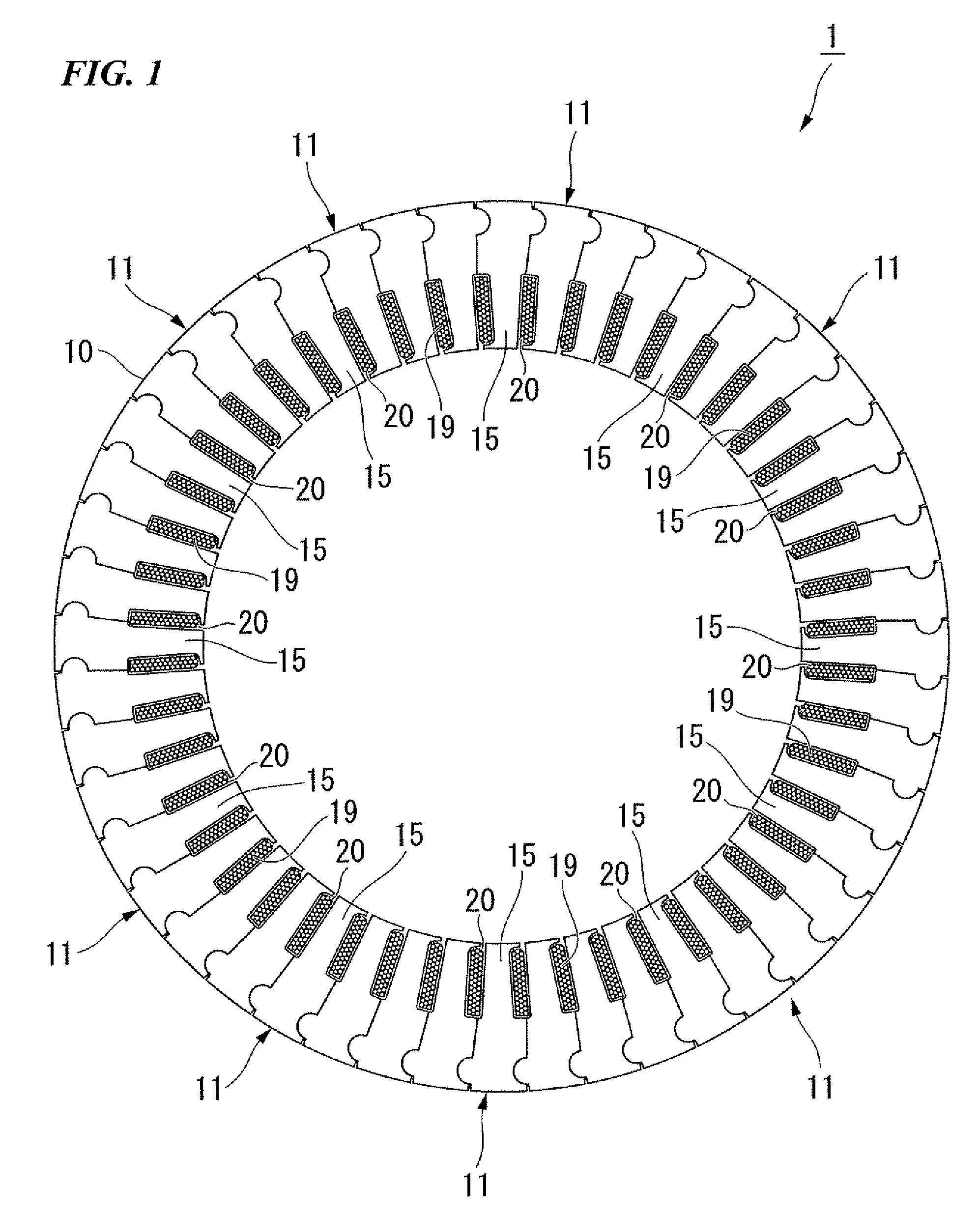 Motor with stator configuration for increased coil length and coil space factors