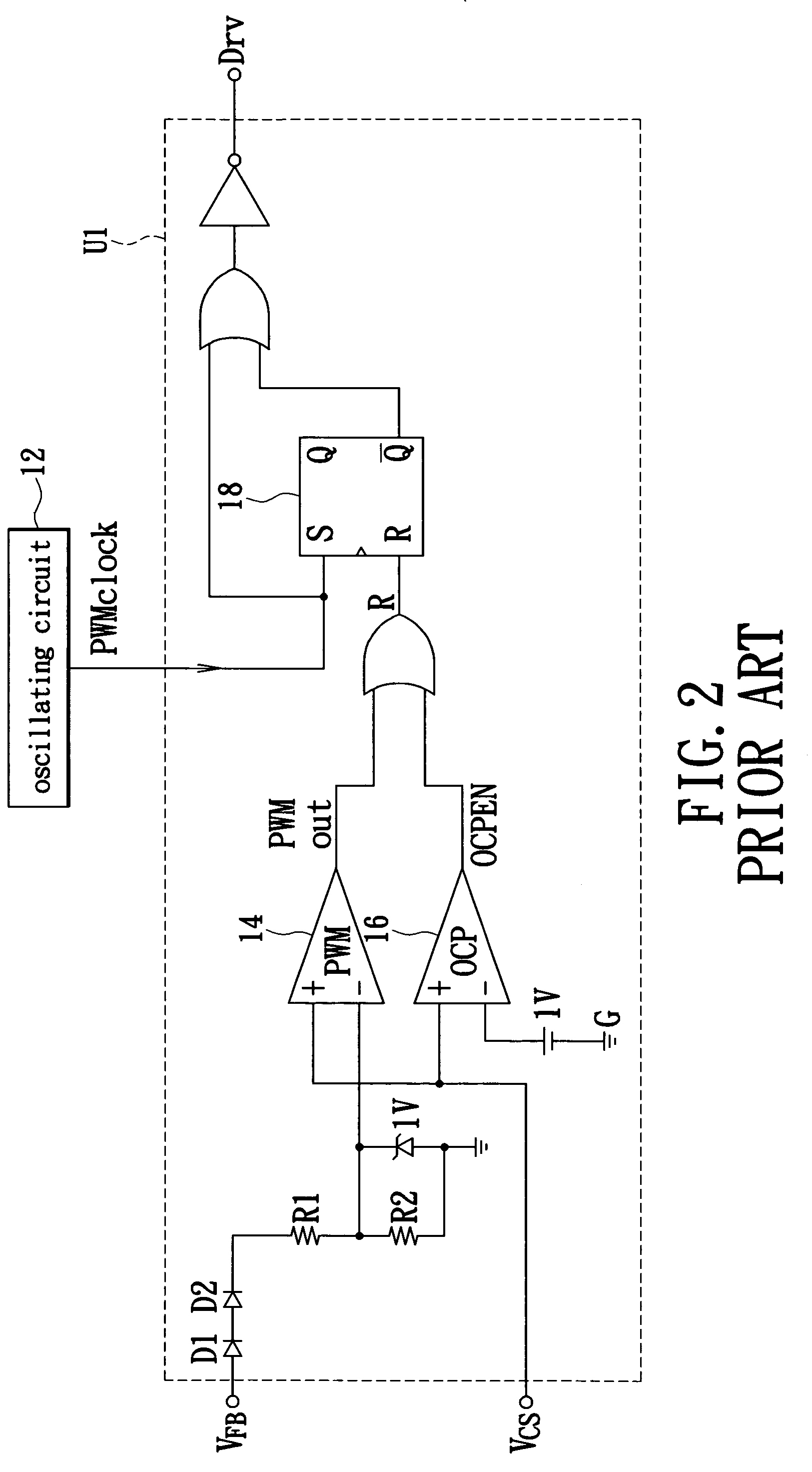 Pulse width modulation device with a power saving mode controlled by an output voltage feedback hysteresis circuit