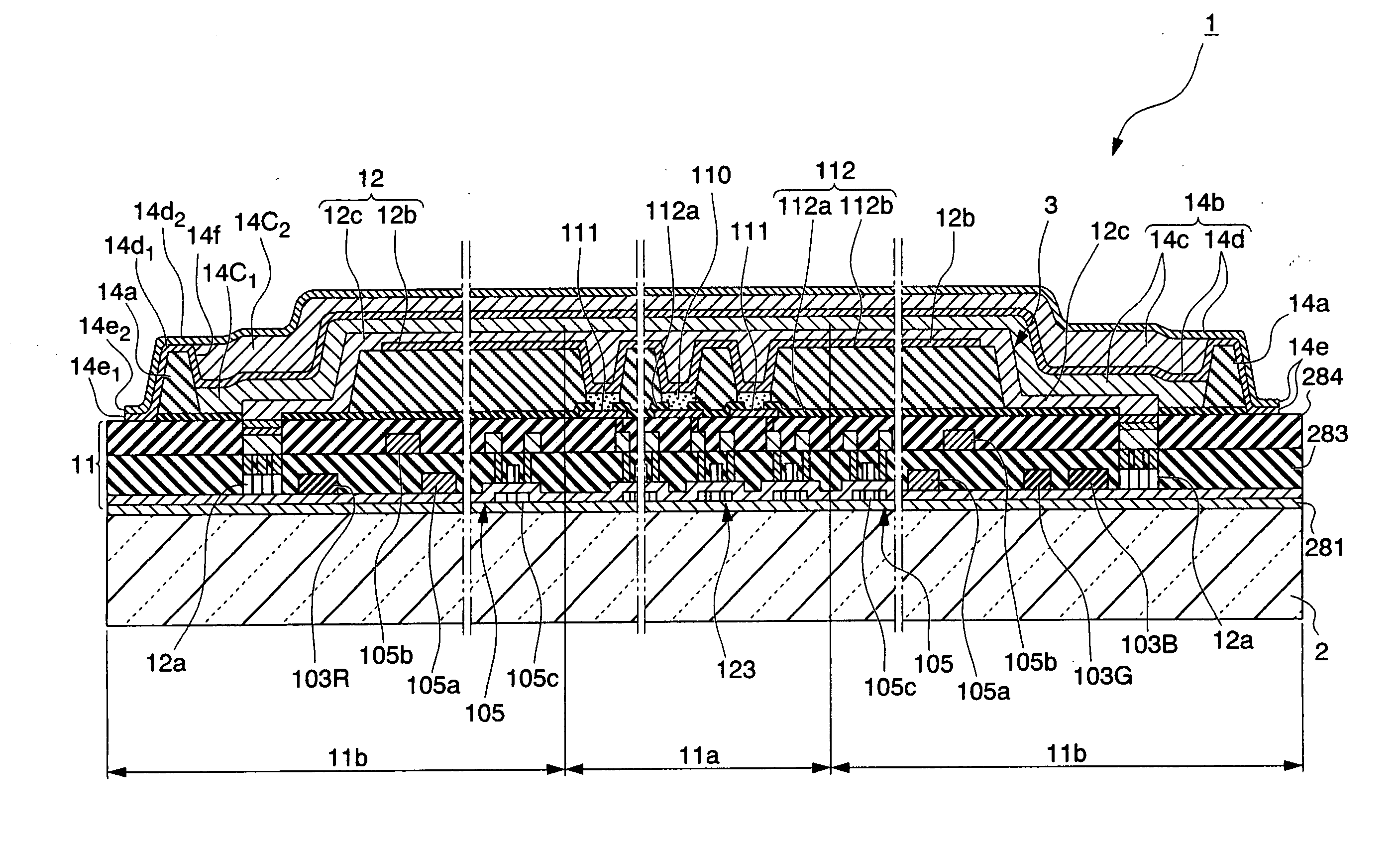 Sealing structure with barrier membrane for electronic element, display device, electronic apparatus, and fabrication method for electronic element