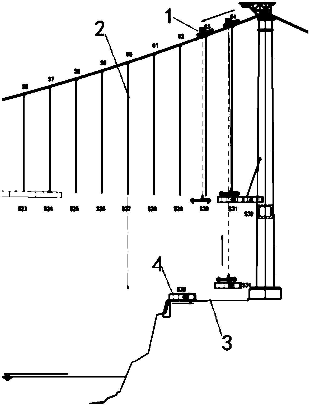 Installation device and method for swinging and moving long slings of girder sections on bank slopes of suspension bridges
