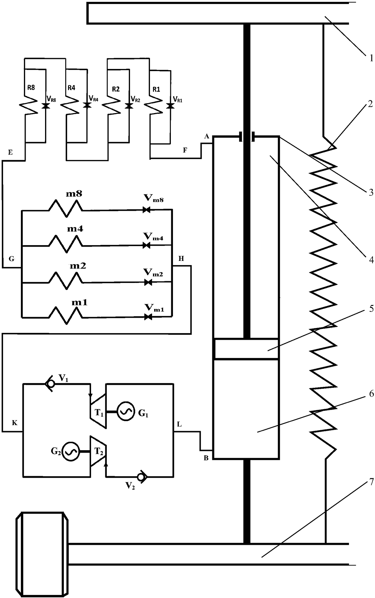 Series-parallel R type automobile vibration absorber recovering energy through turbines and method