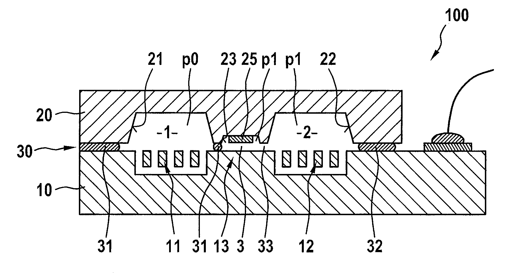 Component including two semiconductor elements between which at least two hermetically tightly sealed cavities having different internal pressures are formed and method for manufacturing such a component