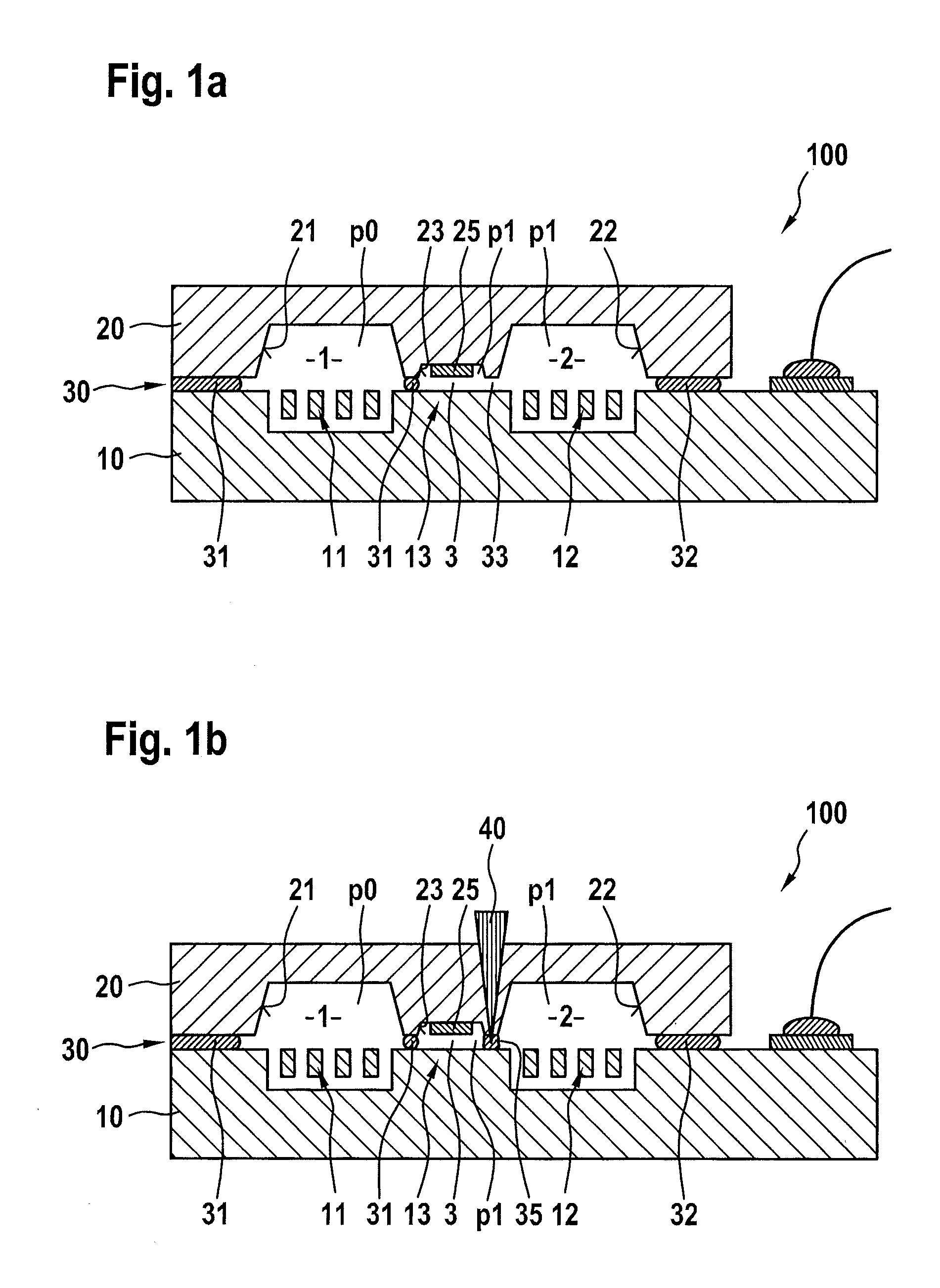 Component including two semiconductor elements between which at least two hermetically tightly sealed cavities having different internal pressures are formed and method for manufacturing such a component