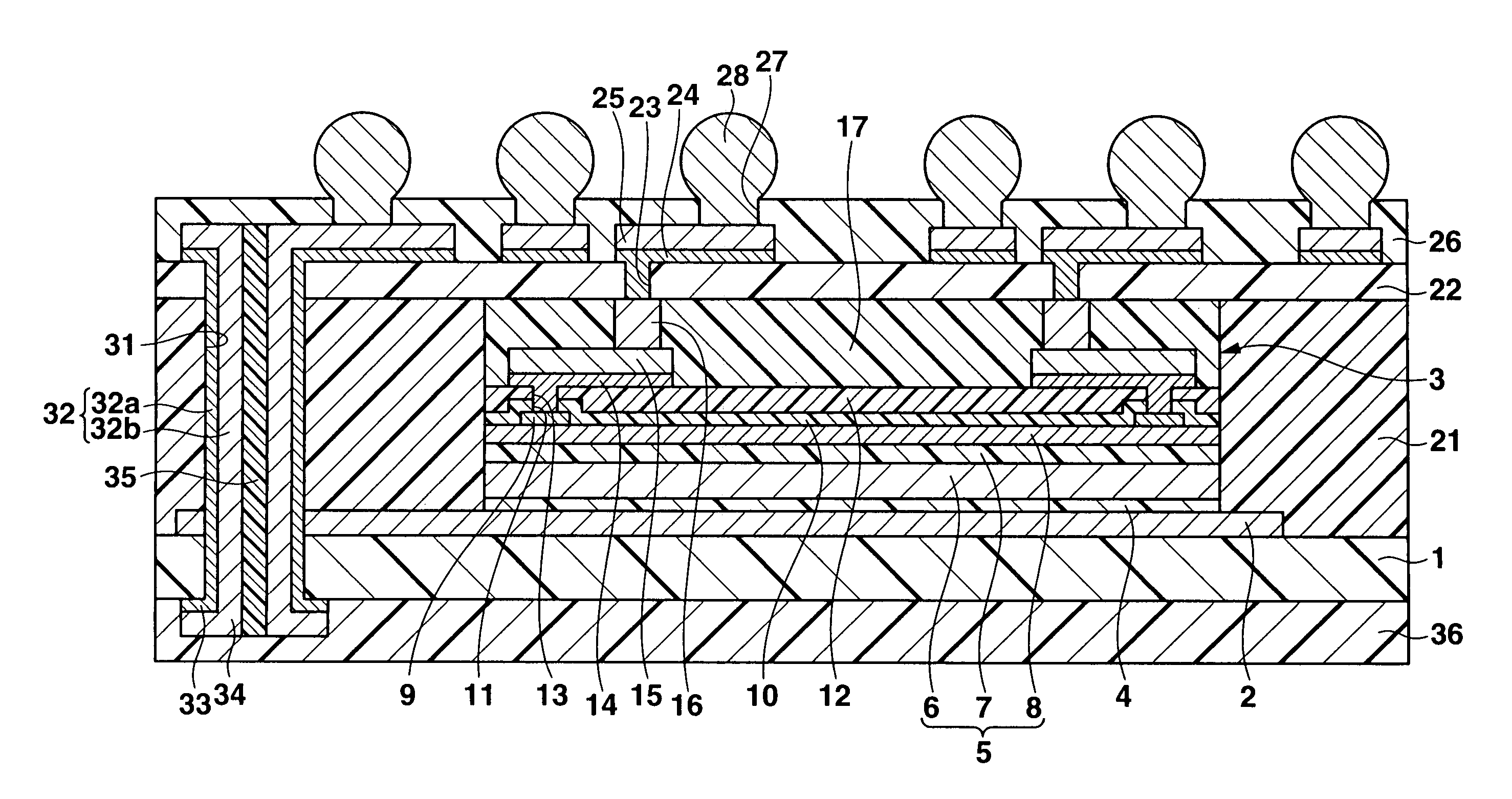 Semiconductor device incorporating a semiconductor constructing body and an interconnecting layer which is connected to a ground layer via a vertical conducting portion