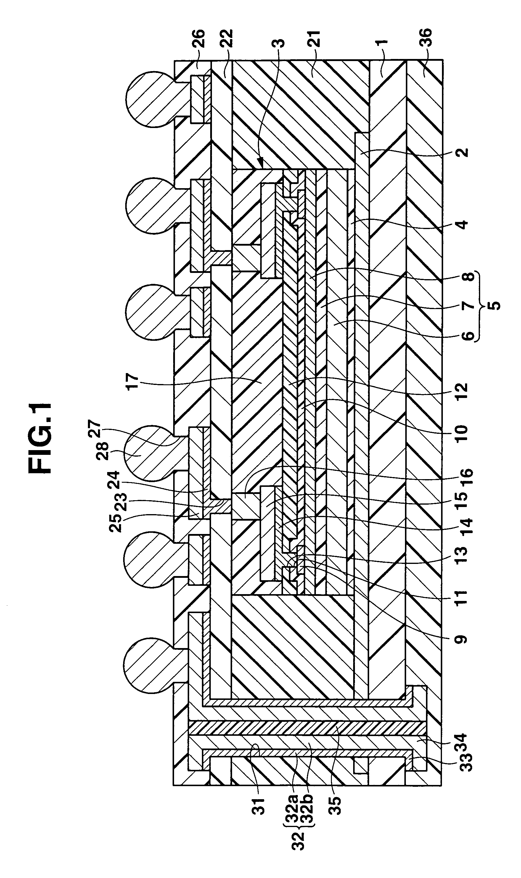 Semiconductor device incorporating a semiconductor constructing body and an interconnecting layer which is connected to a ground layer via a vertical conducting portion