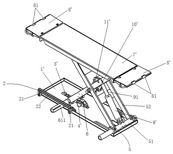 Low-level small shear-type automobile elevator with anti-overturning function and using method of automobile elevator