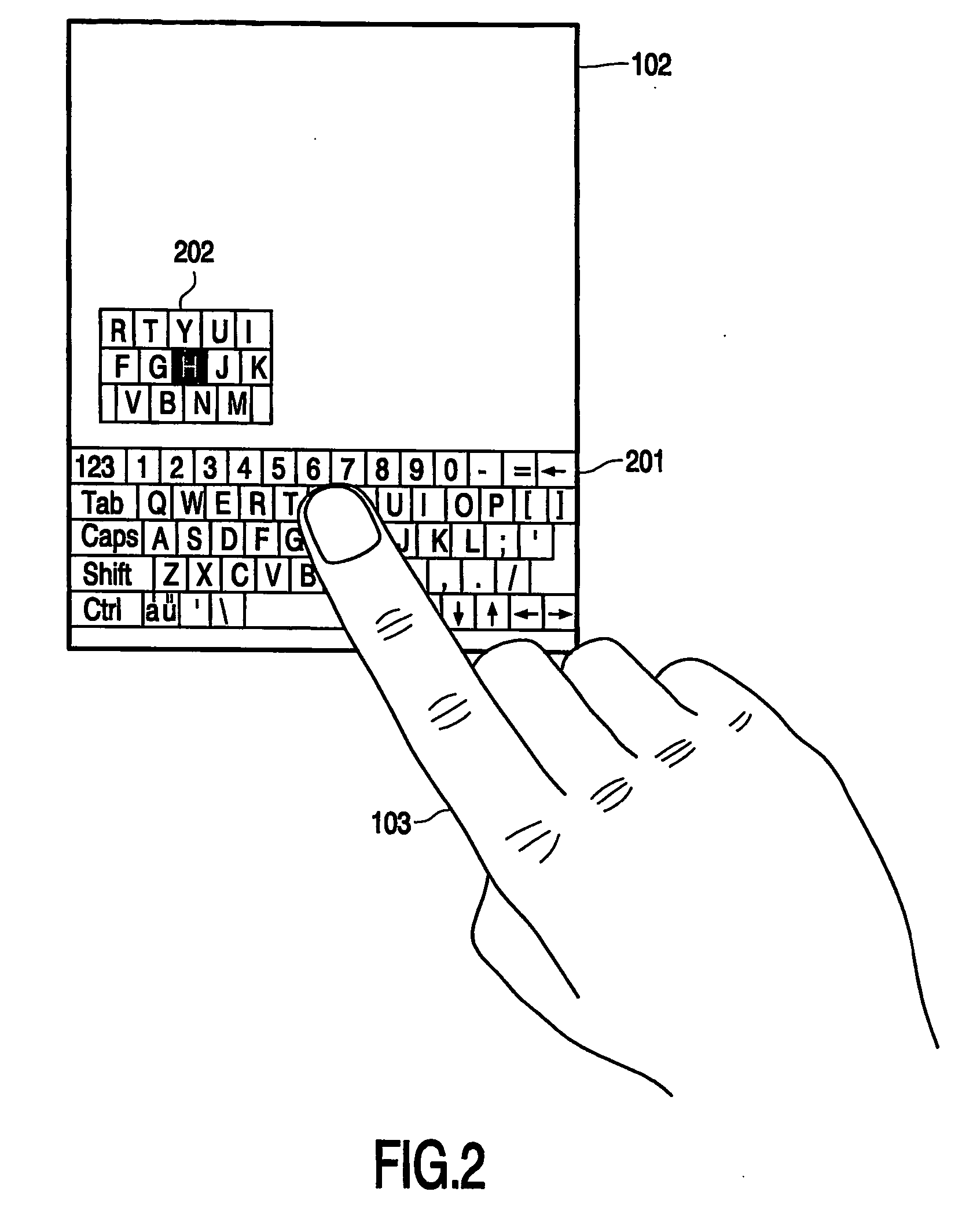User interface with displaced representation of touch area