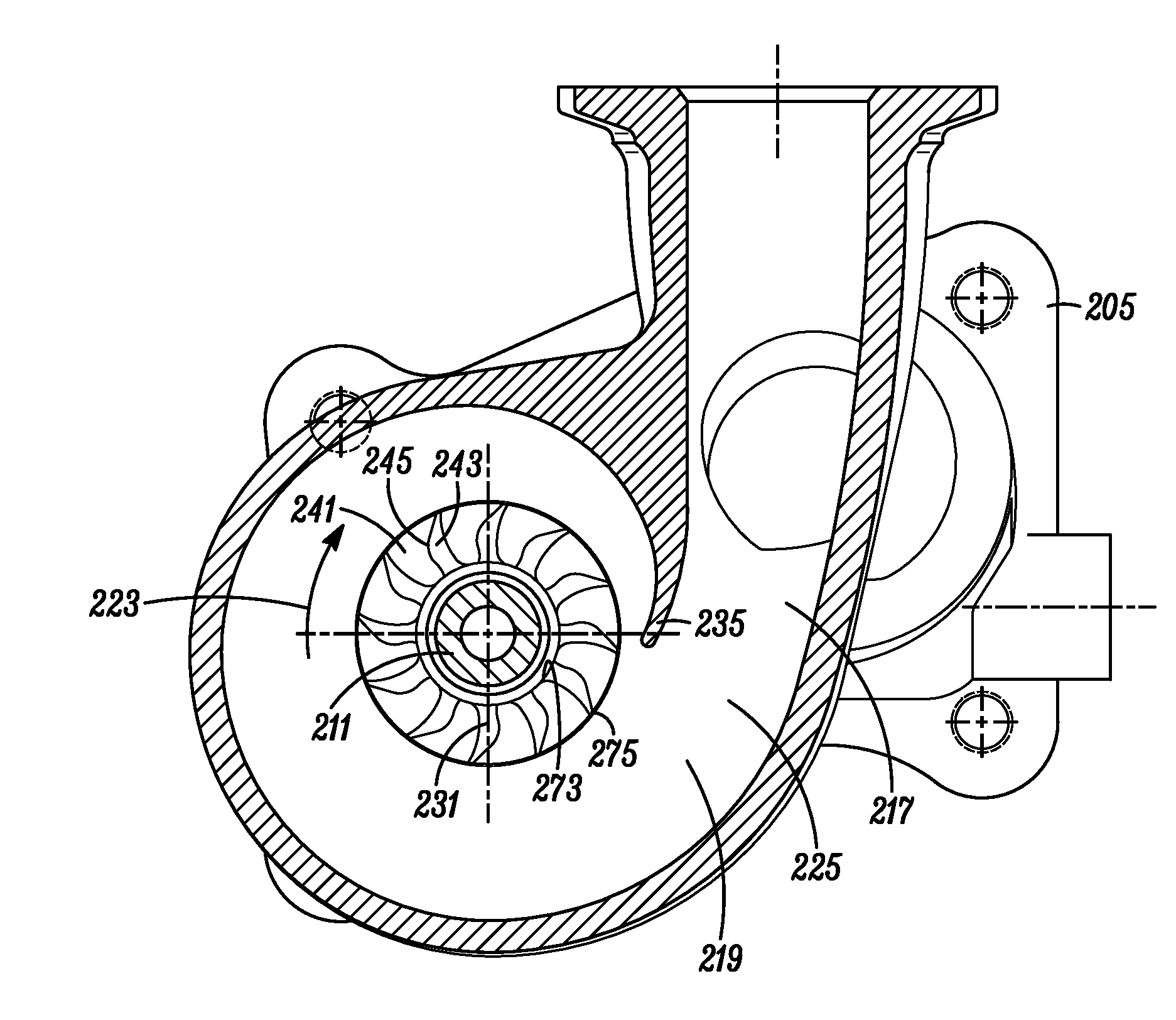 Axial turbine wheel with curved leading edge