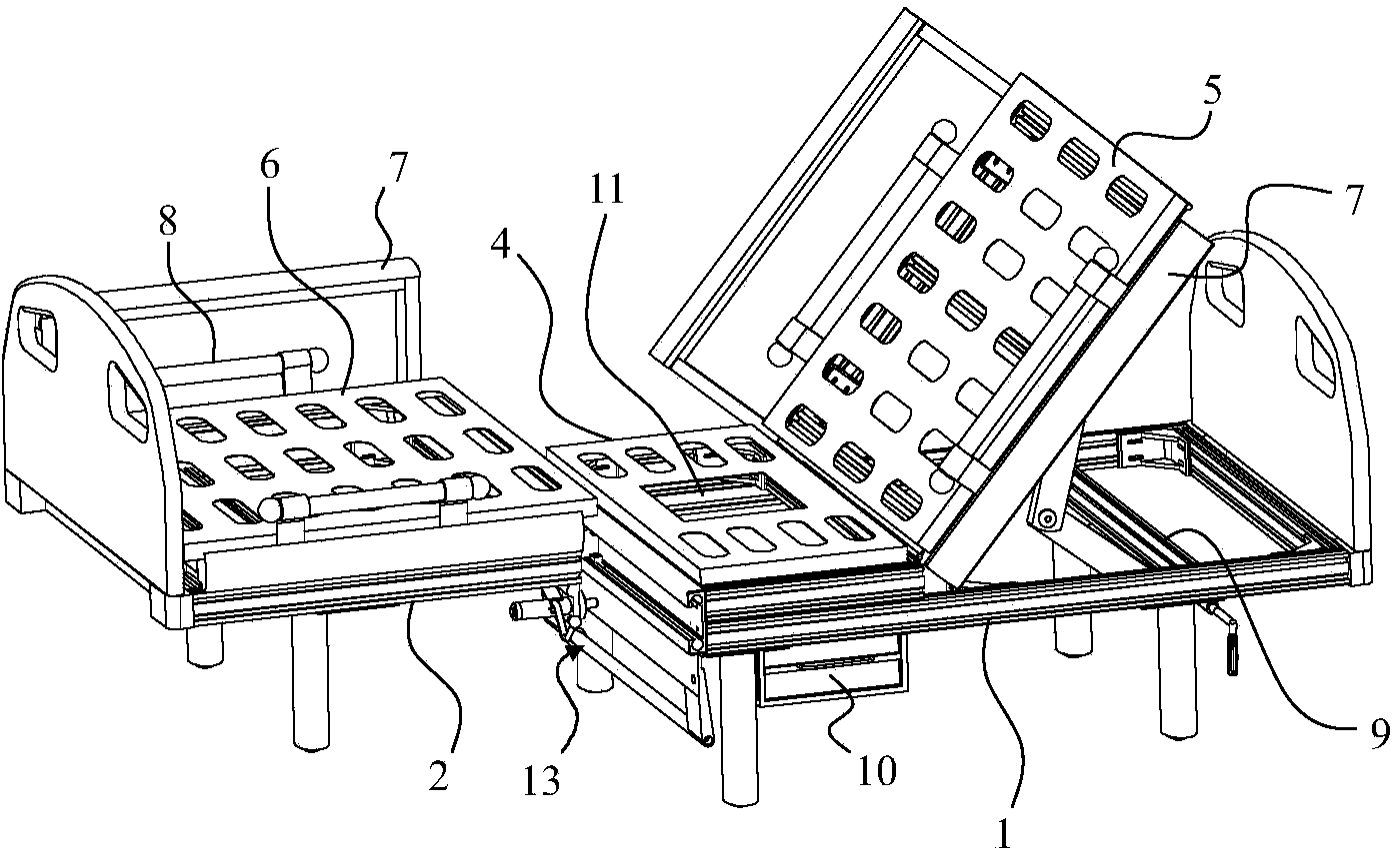 Three-section type nursing bed with bed sideward movement function