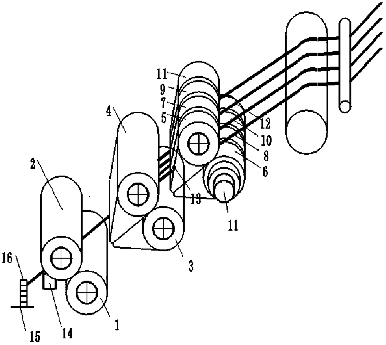 Method and device for regulating yarn linear density and blending ratio by four-component synchronous drafting