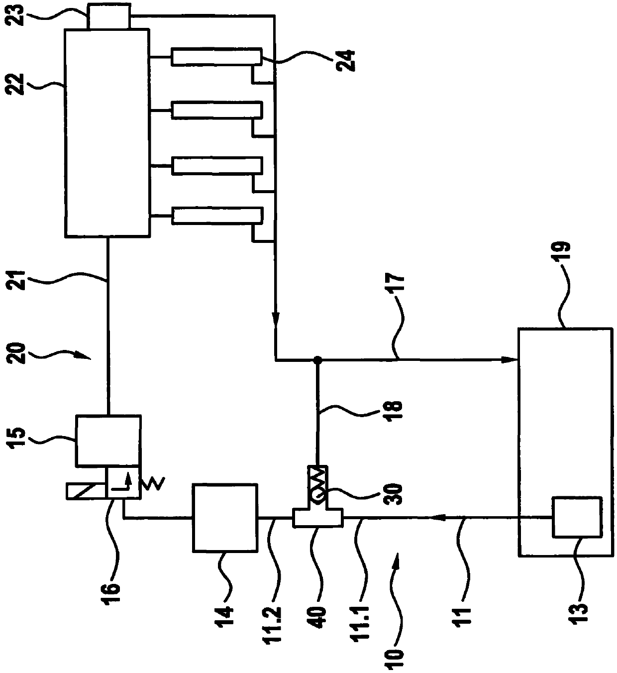 Low-pressure circuit of the fuel supply device of the fuel injection system