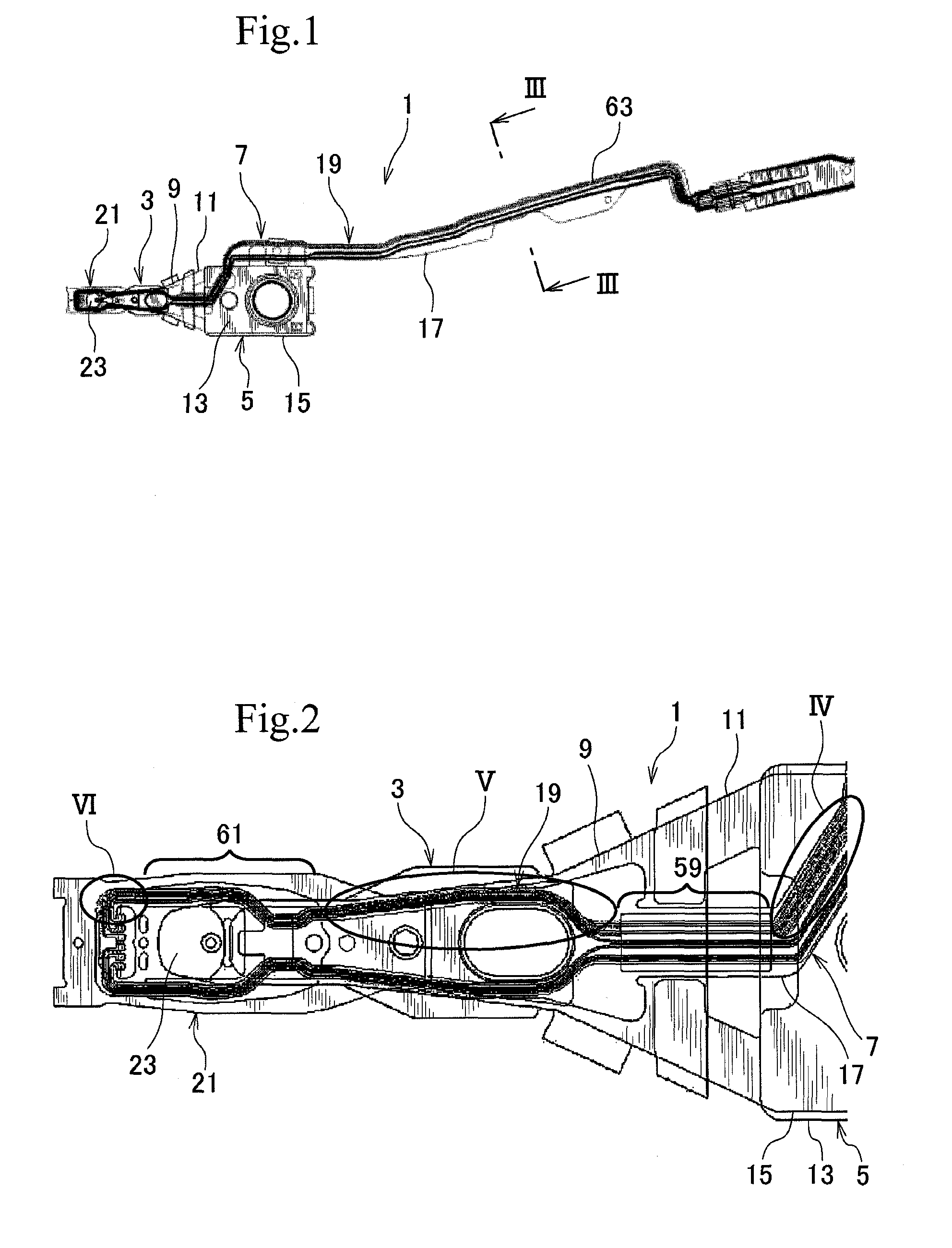 Wiring structure for device arranged on head suspension operating on low-frequency signals and performing other than a write/read function