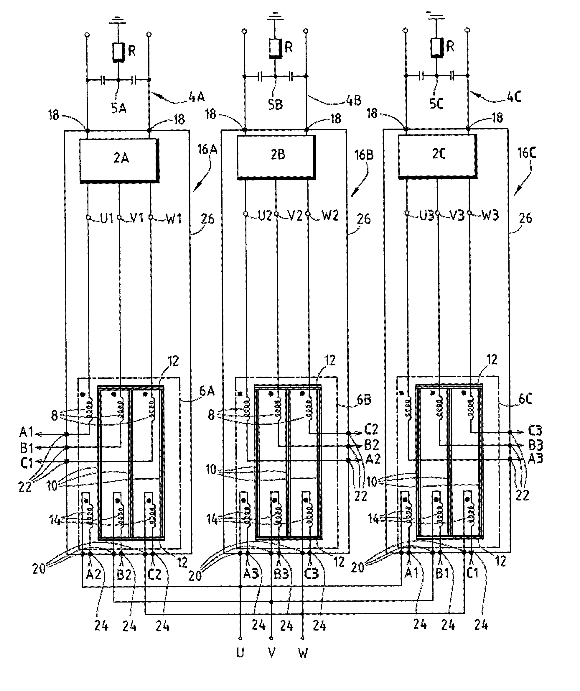 System for converting at least one electrical input direct current into an electrical polyphase output alternating current