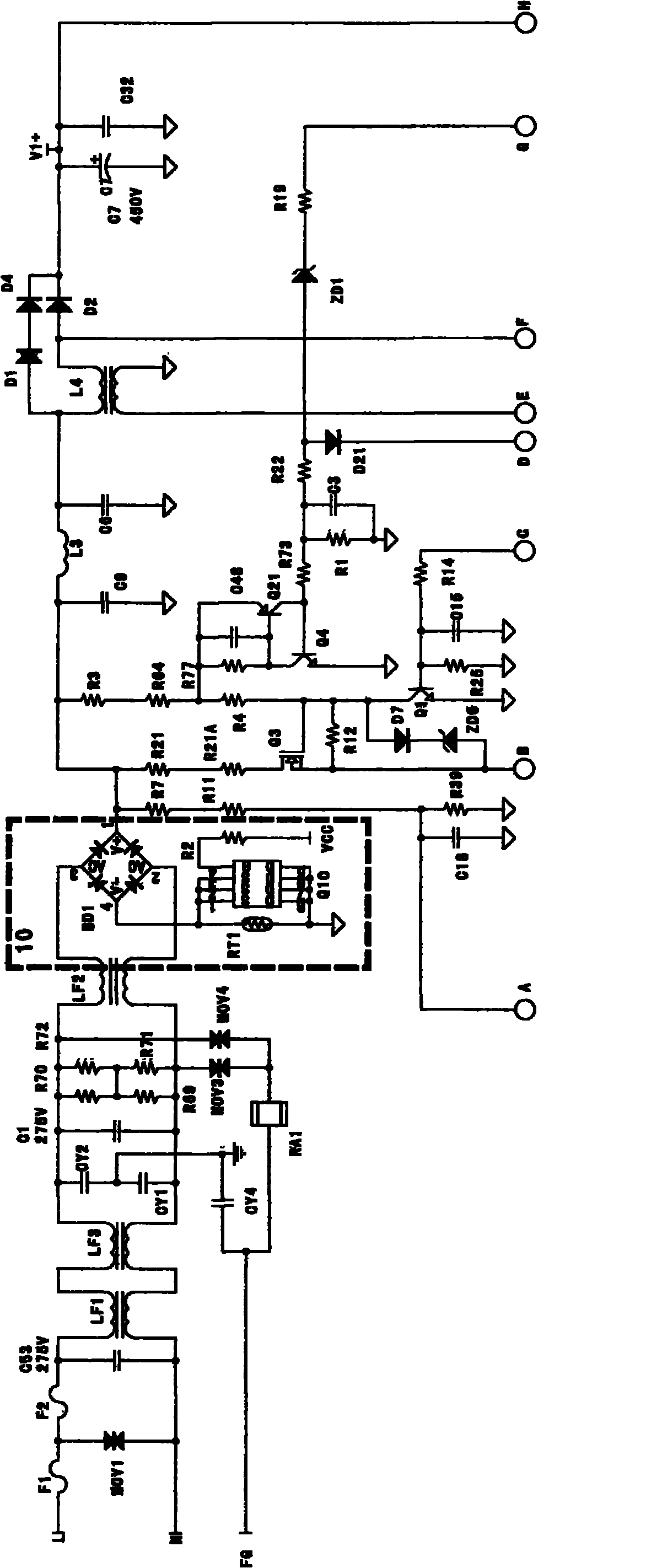 Large-power intelligent dimming multiple-output power supply for suppressing electric surge with field-effect transistor
