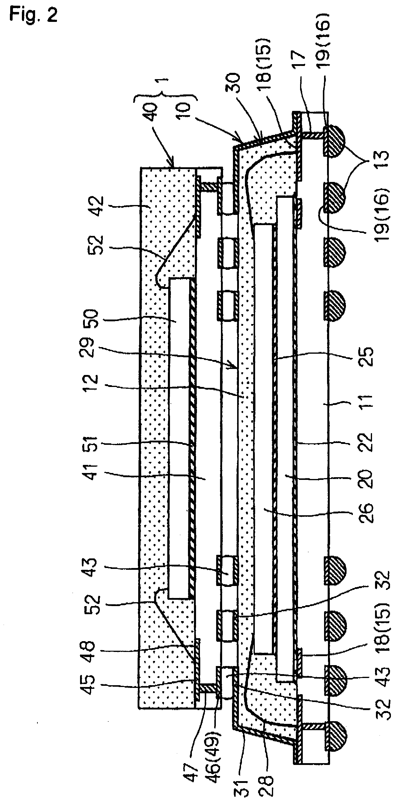 Stacked semiconductor device and fabrication method for same