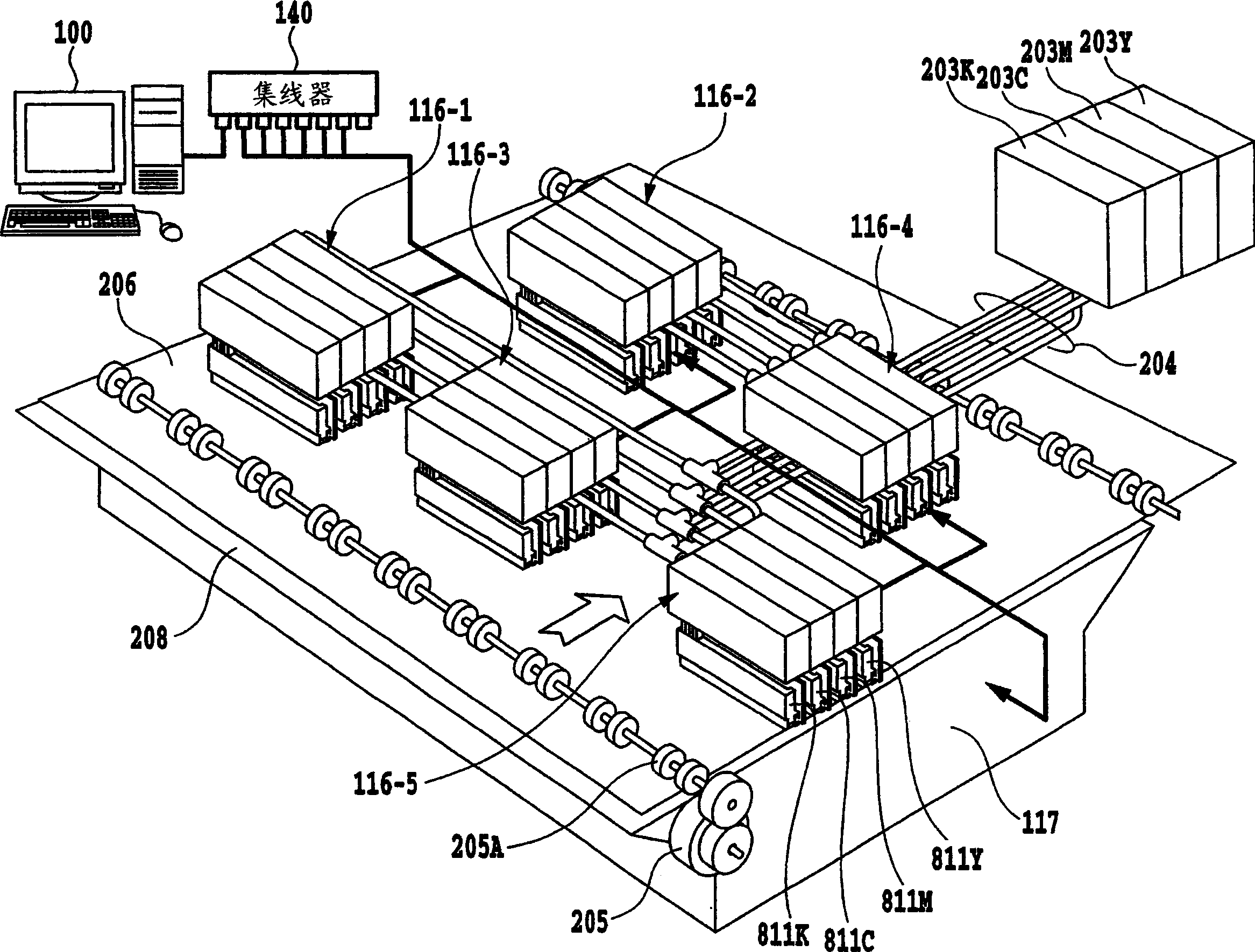 Image forming device, printer complex system and medium conveying device for the device, information processing unit for supplying image data to the image forming device, and image forming system and