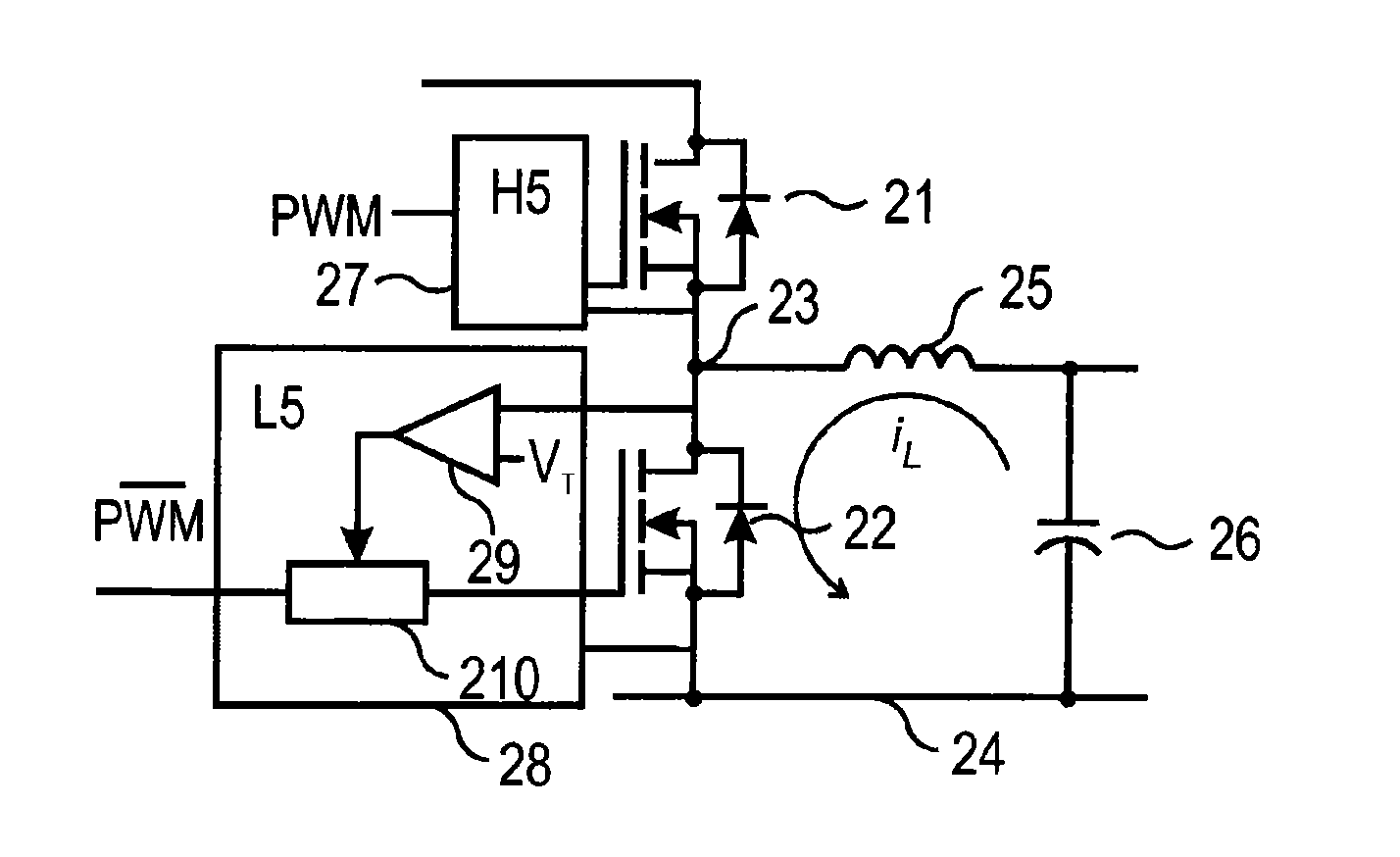 Buck converter with a stabilized switching frequency