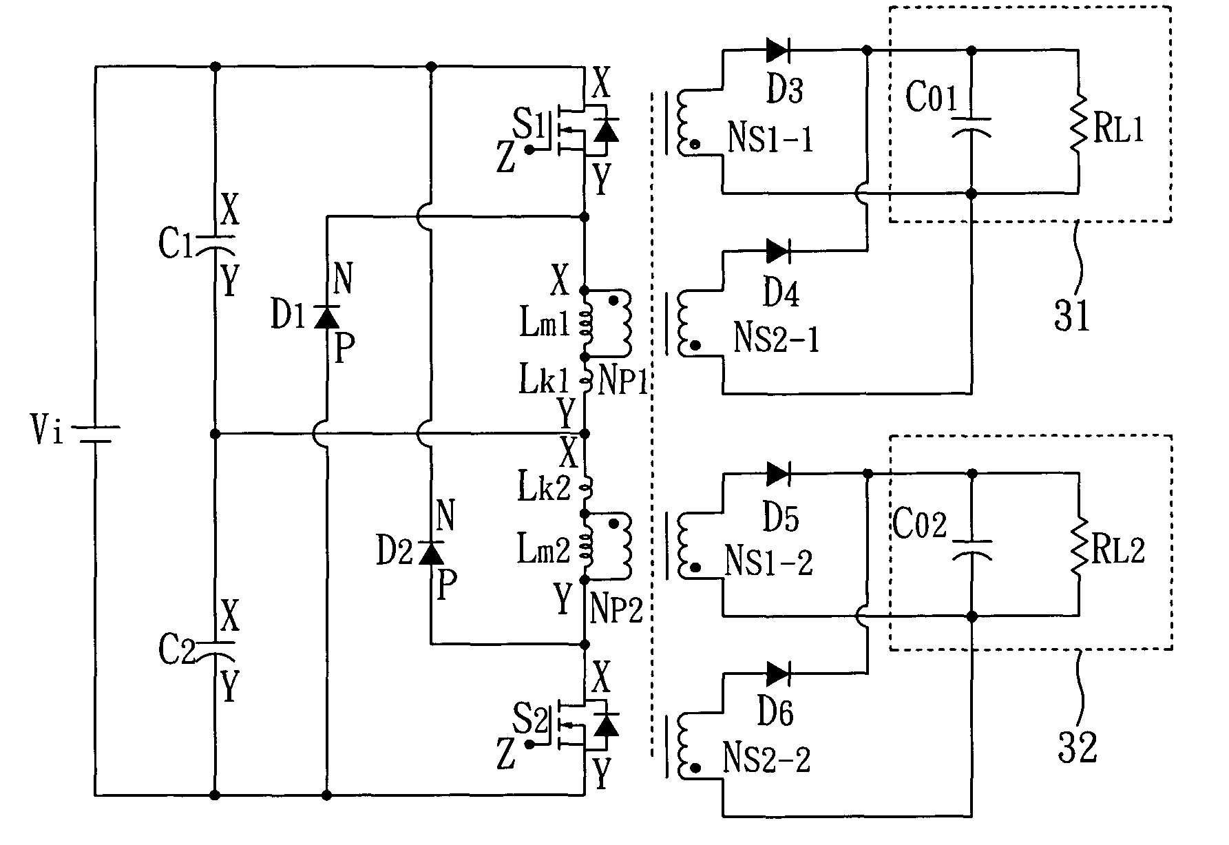 Interleaved flyback converter device with leakage energy recycling