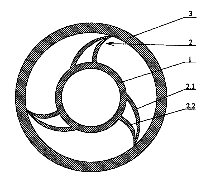 Rotary flexible shaft supporting tube with support blades having inclined triangular-arc sections