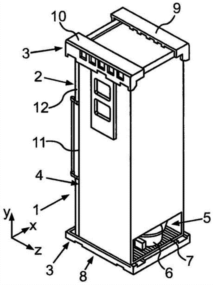 Domestic refrigerator having inclined wall section for delimiting a motor area and assembly with such a domestic refrigerator and a packaging device