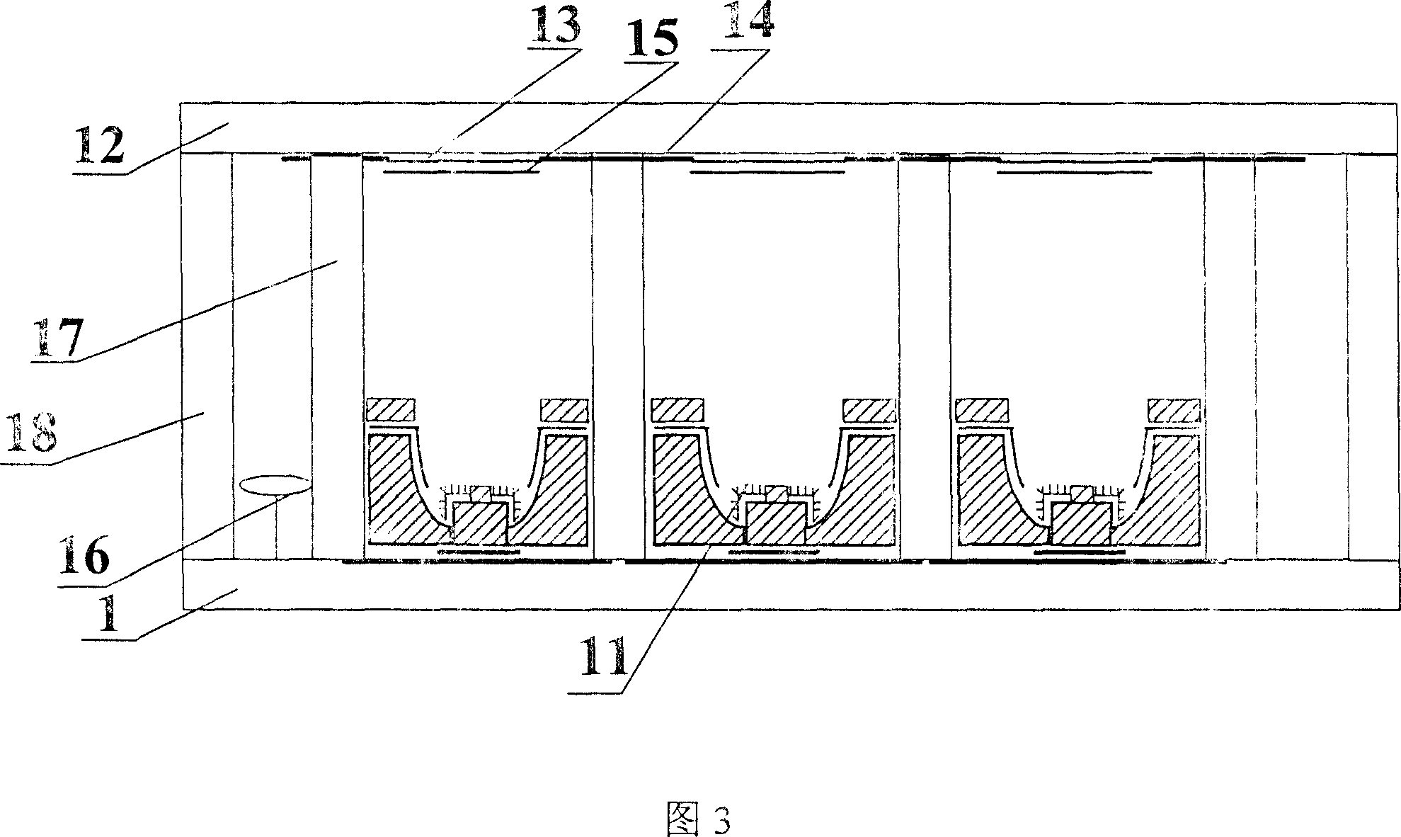 Flat-board display of arc-shape grid controlled array structure and mfg. process