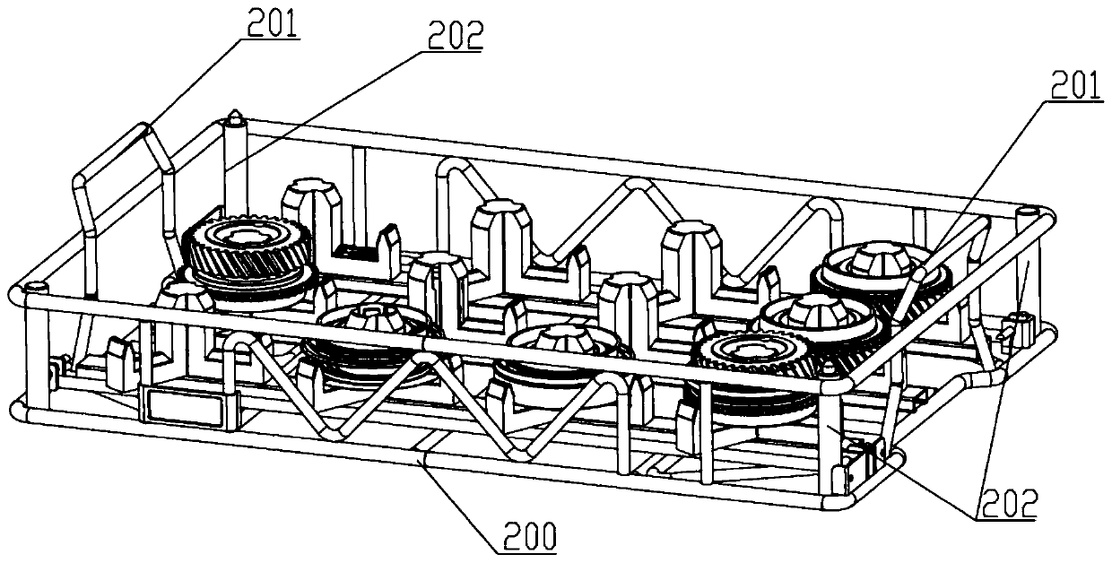 High-precision positioning and grabbing device for gearbox part cleaning material basket