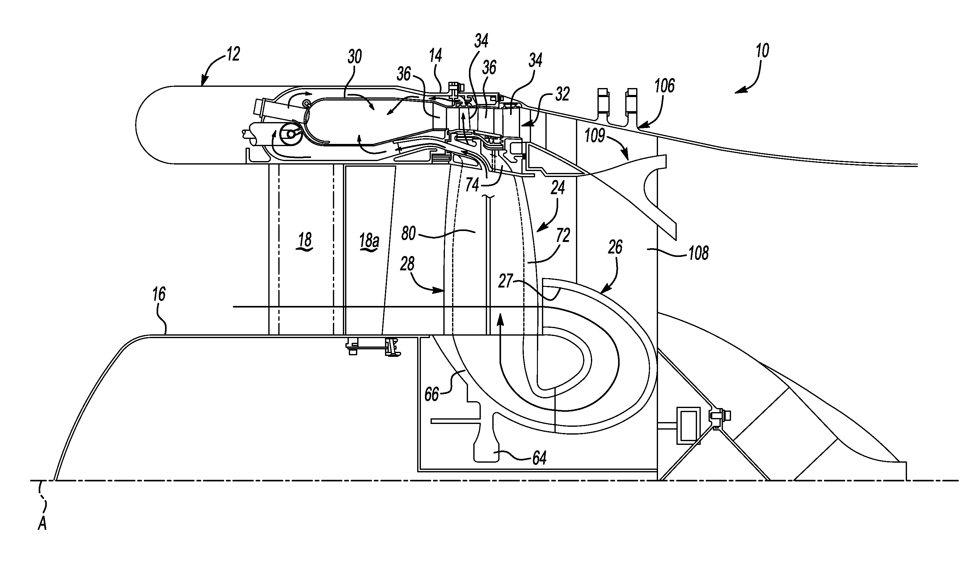 Tip turbine engine with reverse core airflow