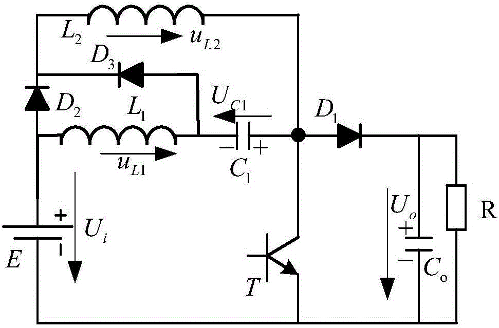 Single-tube and high-gain direct-current voltage boosting circuit with additional electrical potential excitation and superposition