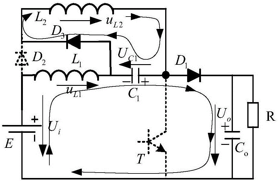 Single-tube and high-gain direct-current voltage boosting circuit with additional electrical potential excitation and superposition