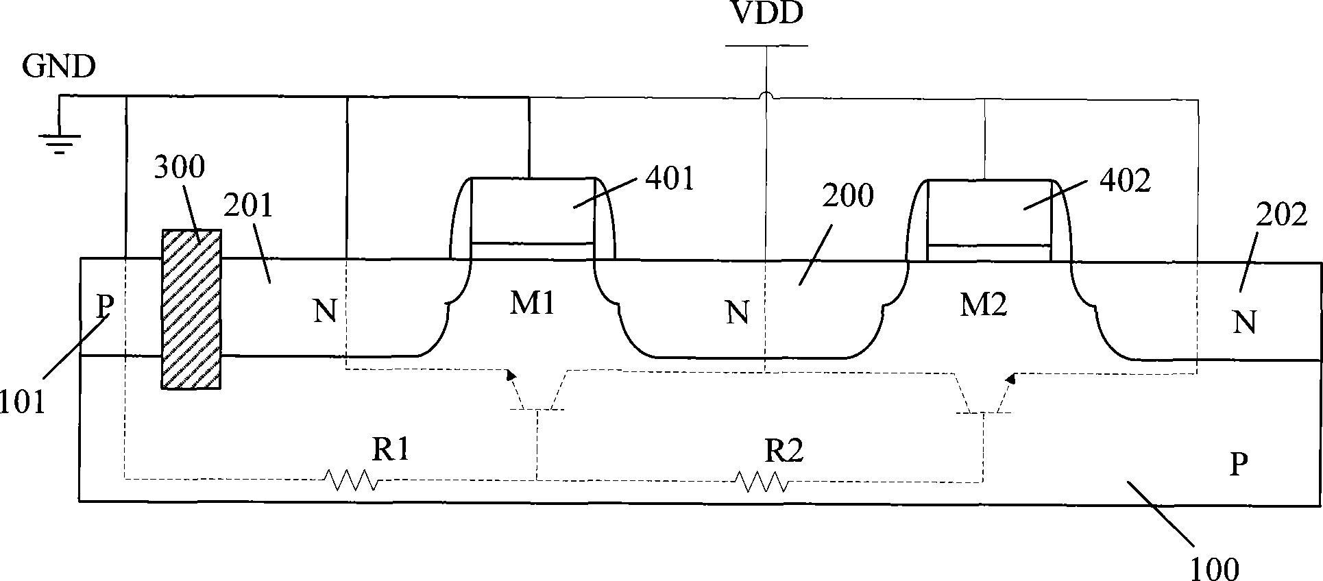 Multi-finger strip-type gate-ground N-channel metal oxide semiconductor (GGNMOS) and electrostatic protection circuit