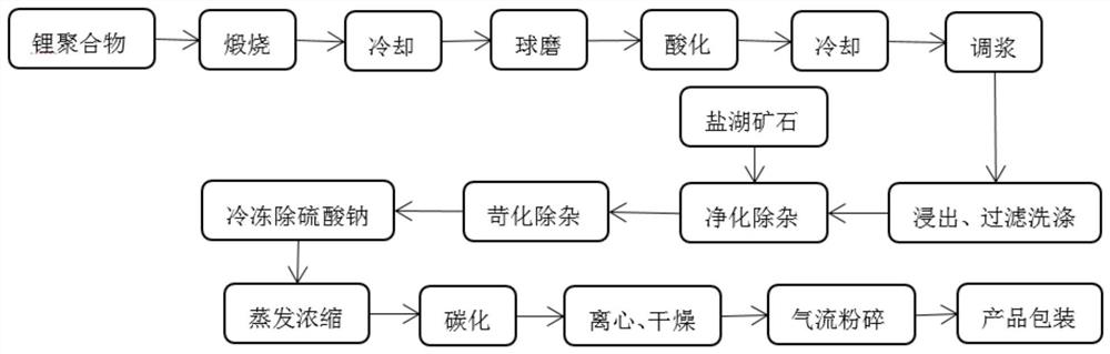 Process for producing lithium carbonate by mixing lithium polymer and salt lake ore