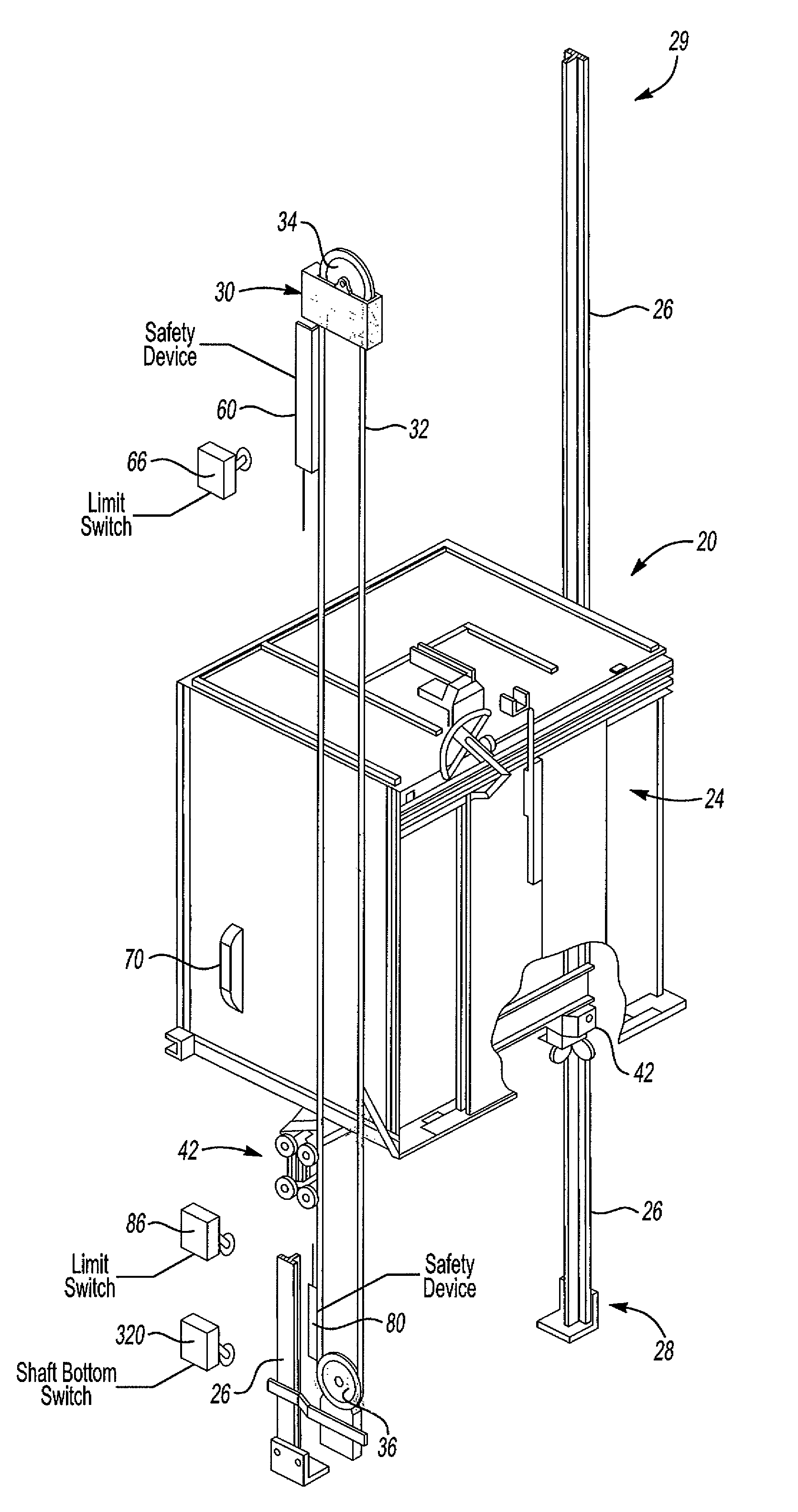 Elevator having a limit switch for controlling power to the drive system as an elevator car approaches a shallow pit or a low overhead