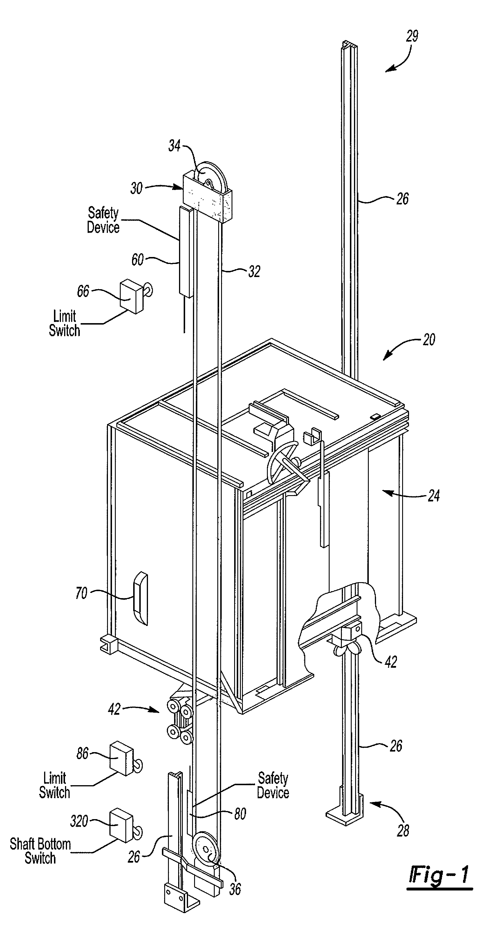 Elevator having a limit switch for controlling power to the drive system as an elevator car approaches a shallow pit or a low overhead