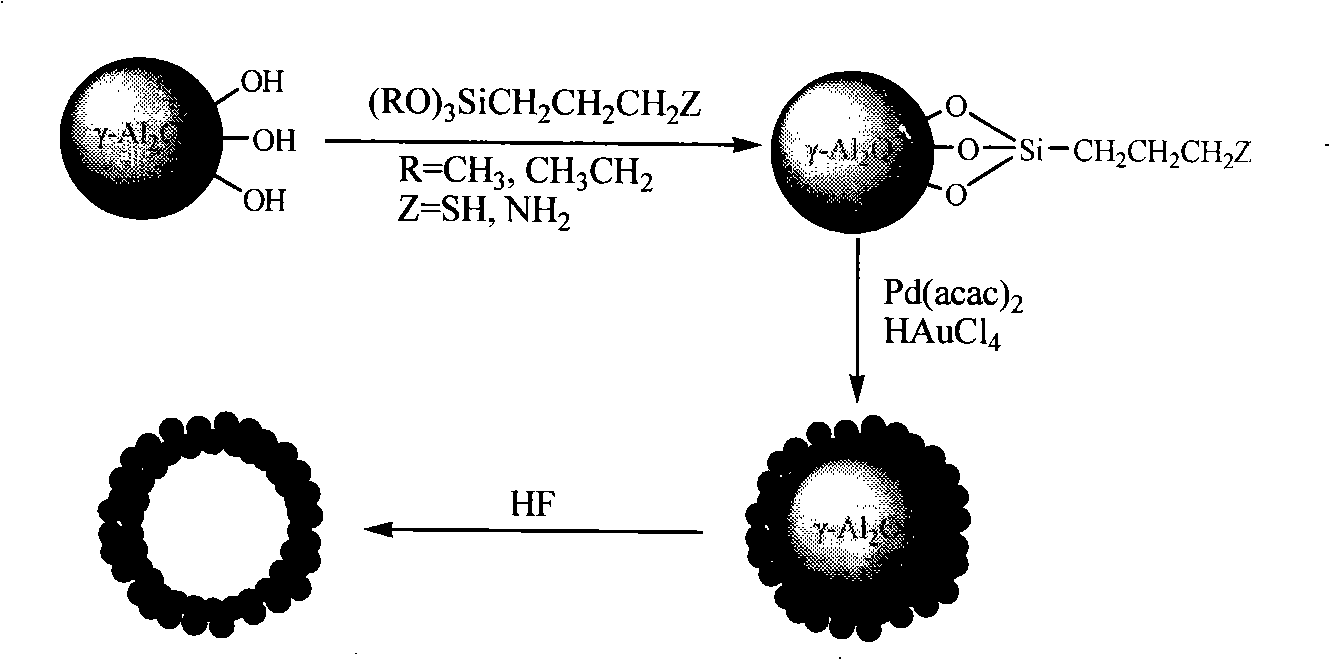 Method for preparing hollow metal nano-particle with gamma-aluminum oxide nano-particle as mould plate
