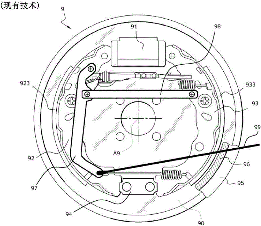 Drum brake device including a parking brake operating in duo servo mode, associated vehicle and assembly methods